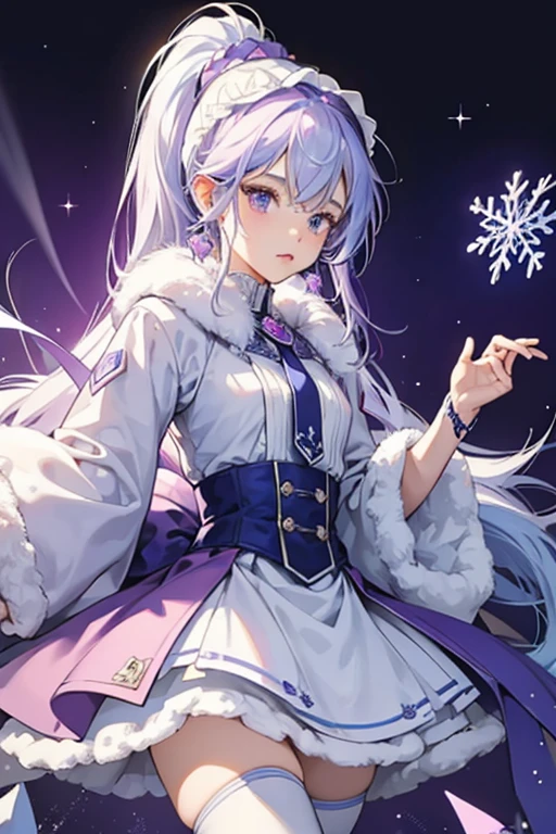Abbey has light blue skin accentuated with a glittering effect and long, white hair with uneven streaks of pink, purple, and blue mixed in, made to look like they start as pink and blue on the edges and mix in the middle as purple, and she has light purple eyes. She sometimes ties her hair into a ponytail. She has two small tusks protruding from her mouth and has large hands with sharp claws. She also wears a white fur headband, a purple snowflake earring while the other is usually a blue spike earring similar to an icicle, fur wristbands, a crystalline dress with underskirt, and white knee-high boots, all made with yak fur, except her lilac leggings.