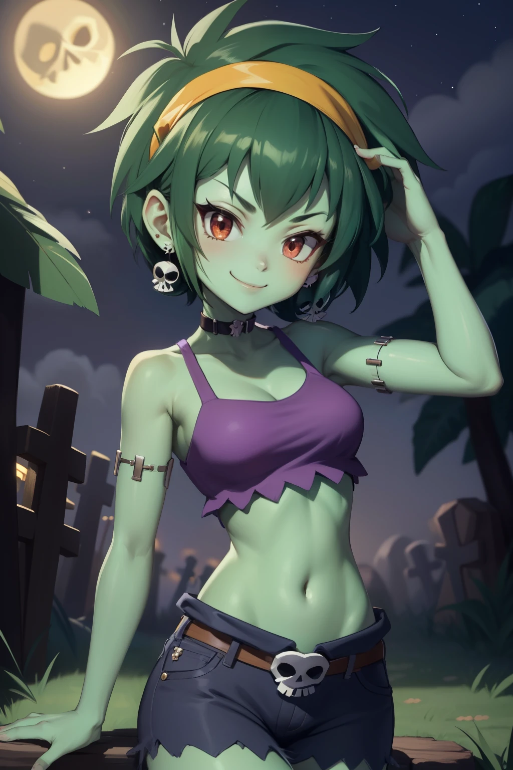 masterpiece, best quality, rottytops, hairband, skull earrings, purple crop top, belt, short shorts, Upper body, Looking at the viewer, furrowed brow, smug, smiling, night time, graveyard