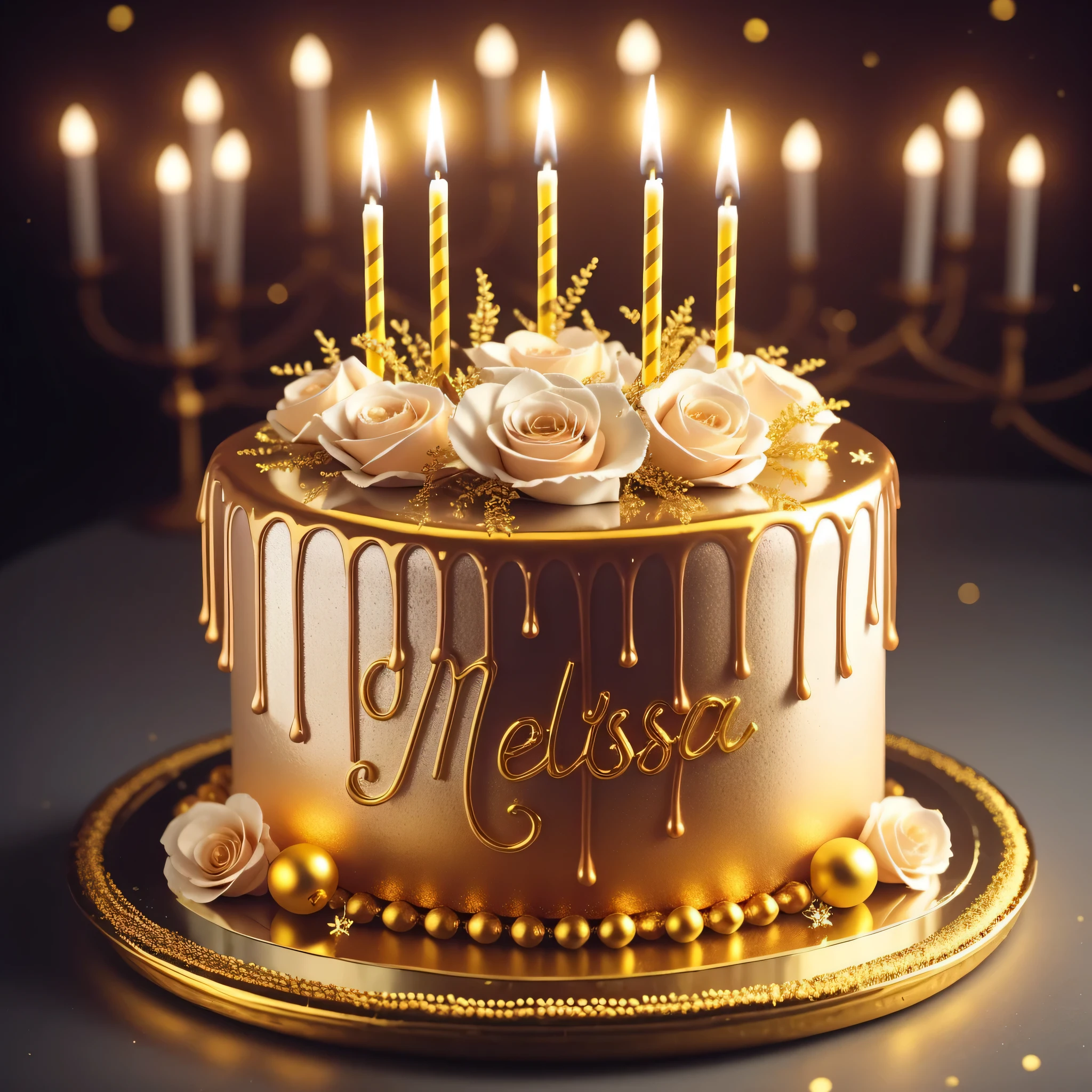 A round cake covered with shiny golden glaze dripping down the sides, placed on a decorative plate. The cake has three lighted candles with golden and white stripes on top next to golden ornaments in the form of small roses. The image must be realistic, with professional photography quality and 4K-UHD resolution. The cake has the ((text 'Melissa')) made with the same golden glaze on the front. Delicate boke of back lights.