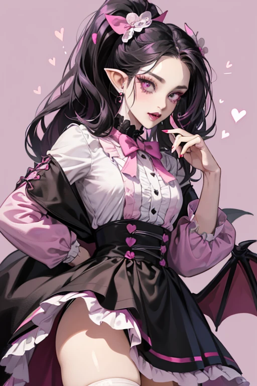 Draculaura has pale pink skin, pale purple eyes, and long black hair with pink streaks. Her hair would be seen a lot in pigtails, but she can wear it in a single ponytail, a beehive, or even hanging loose. Many of her physical features nod to her vampire heritage, such as pointed ears, fangs, and pale skin with a pink tint and a small pink heart right under her left eye. Her fashion motifs are vampire fangs, hearts, ribbons and bows, the color pink, and bat wings. Her makeup consists of deep pink lipstick and a line of pink eyeshadow on the crease. Draculaura also has grey lower lashes and earrings that resemble sky-blue bat wings. Her outfit consists of a pink and black dress with a black collar and a black skirt top. She also has pink and black sneakers with sky-blue laces.