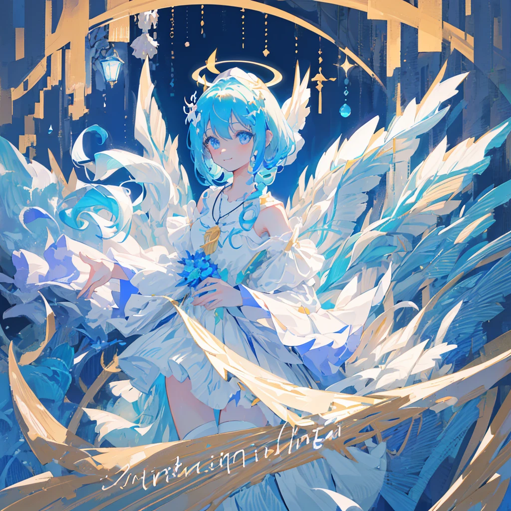 (((巨作))),(((best qualtiy))),((Ultra-detailed)),(illustration),((anextremelydelicateandbeautiful)),(beatiful detailed eyes),(detailedlight) (1girll), 独奏 , Floating_Hair,glowing light eyes,lightblue hair,eBlue eyes, double tails, Light blue sky background,Light blue Christian monument background,White panty hose,Cross necklace,Smile with (Anime style), Beautiful and delicate face,(cute face:1.3),(largeeyes:1.2),(Priestly Maiden Costume),Details installed,(Magic effects:1.3),Flowing skirt,(sheer cloth:1.2),Clear facial features