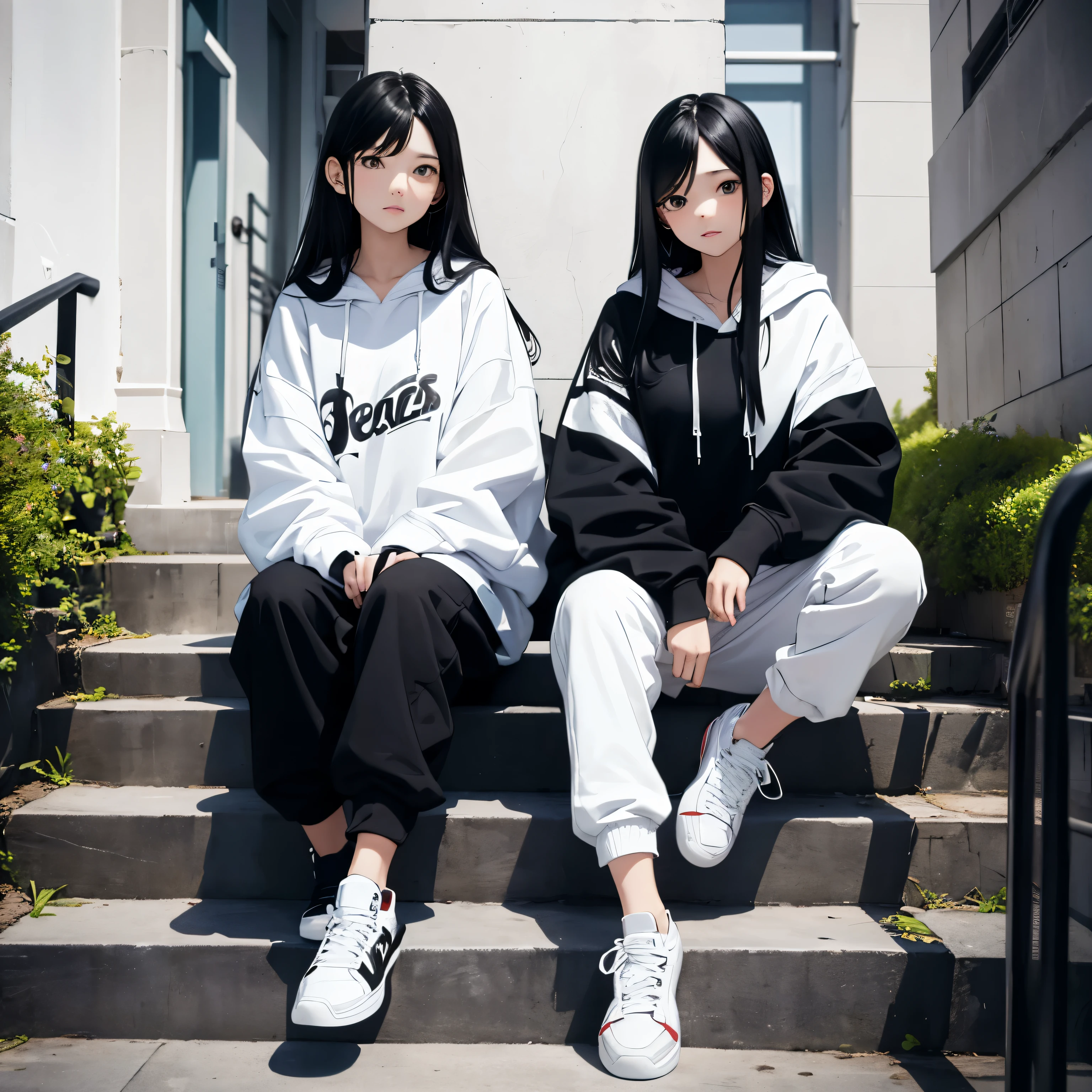 Two beautiful and cute girls, long black hair, white and black hoodie, trousers, sneakers, decent, tall, sit, stairs