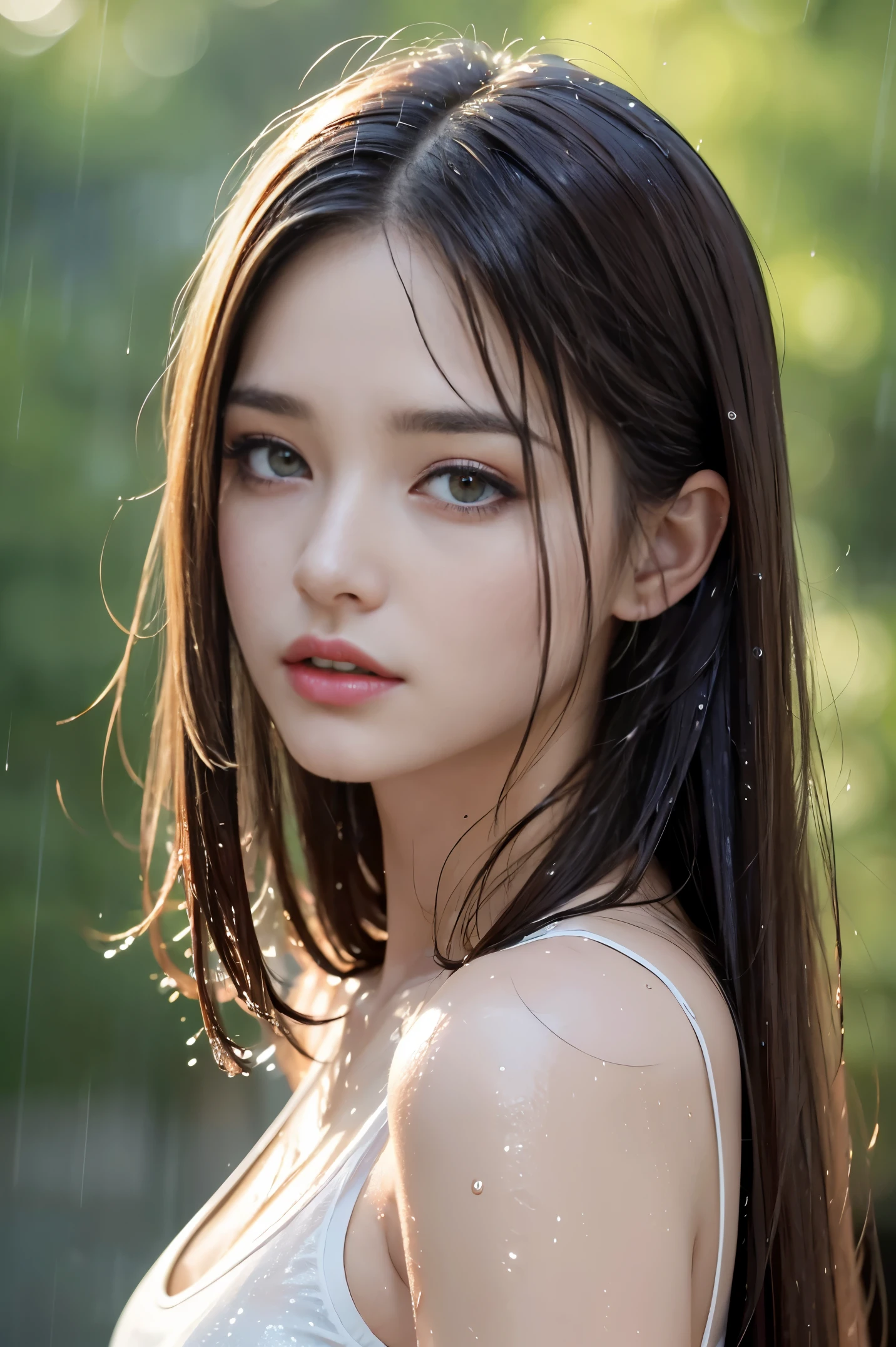 (Best quality, 4k, Masterpiece :1.3), pretty woman, 1girl, sexy :1.1, dark brown hair: 1.1, (rainy wet, wet from rain, wet body :1.2), white tank tops, ultra-detailed face, detailed lips, detailed eyes, double eyelid