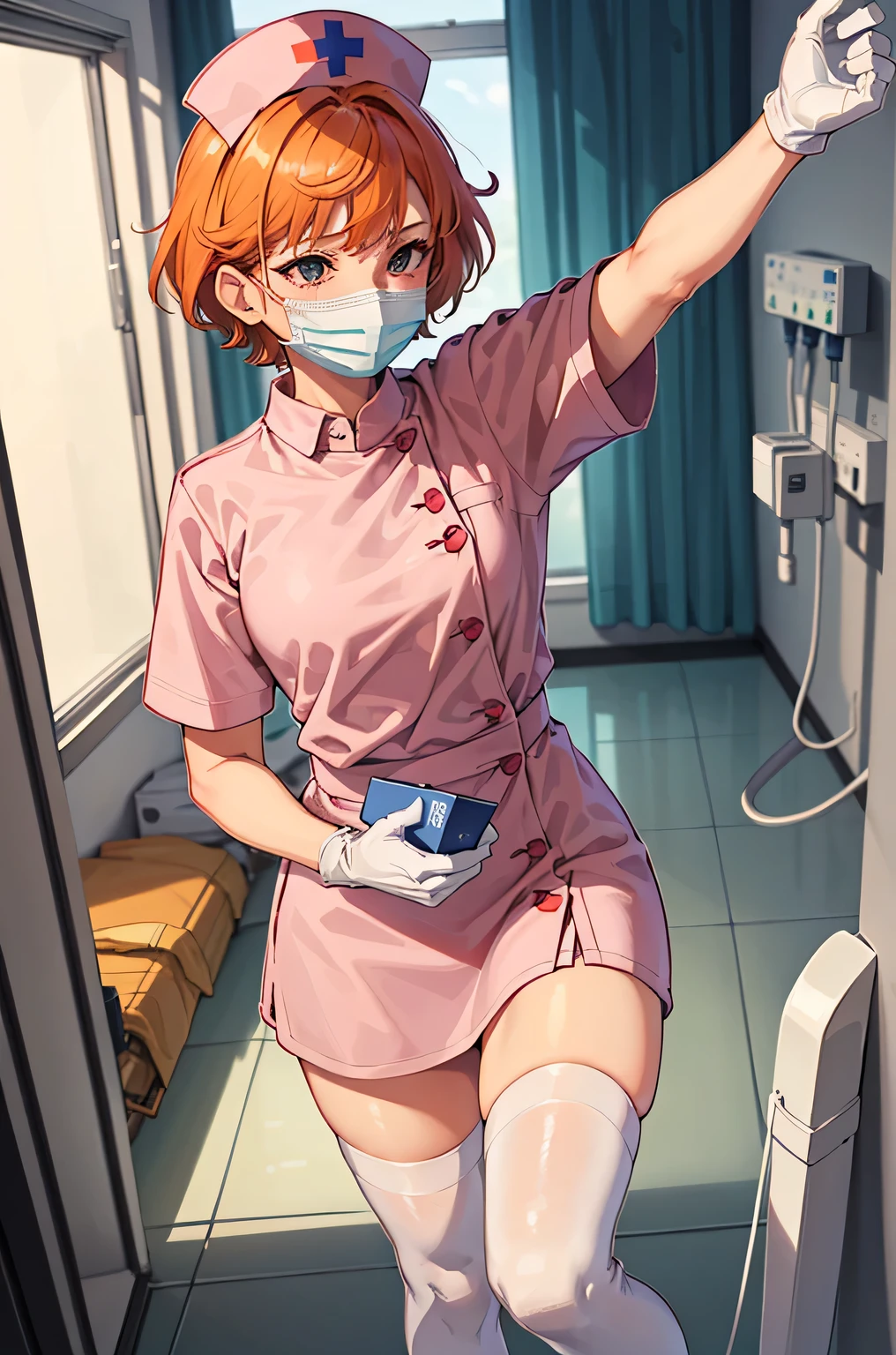 1girl, solo, nurse, nurse cap, white wear, ((white legwear, zettai ryouiki)), white gloves, very short hair, orange hair, ((white surgical mask, covered nose)), standing, ((hospital room)), sharp outline, short sleeves, tomboy, boyish, best quality, masterpiece