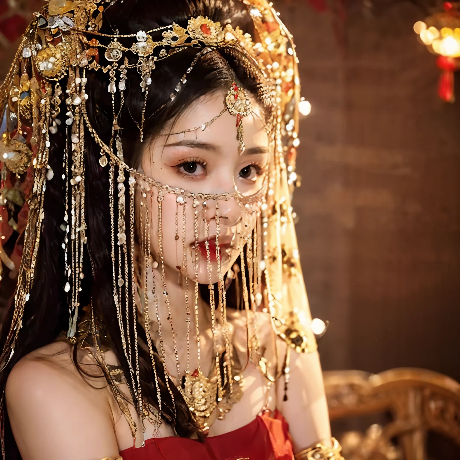 （（（Eyes are very delicate）））（（（hair accessories）））（（（veil（24））））（（（veil））），necklace，Wearing a red transparent sexy silk dress， ((skin glowing))The room is filled with Chinese New Year decorations（（（masterpiece）））， （（best quality））， （（intricate details））， （（Surreal））（8K）