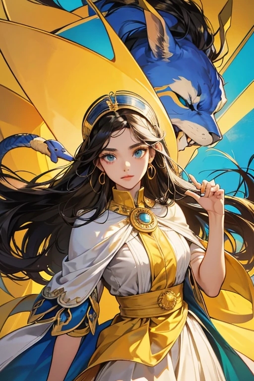 Cleo de Nile is in the possession of brown-black hair, which is commonly enhanced with golden highlights and sometimes with blue. She favors her hair to be long and hang loose. She has tan skin and blue (sometimes green) eyes, always surrounded by thick black winged eyeliner, and wears a gem on her right cheek that is blue in most of her ensembles. Cleo's standard colors of choice to dress in are shades of yellow, gold, and anything in the range blue-to-teal, while shades of red and purple are a recurring palette expansion. Common patterns in her outfits include triangles (pyramids), snakes, and cats.