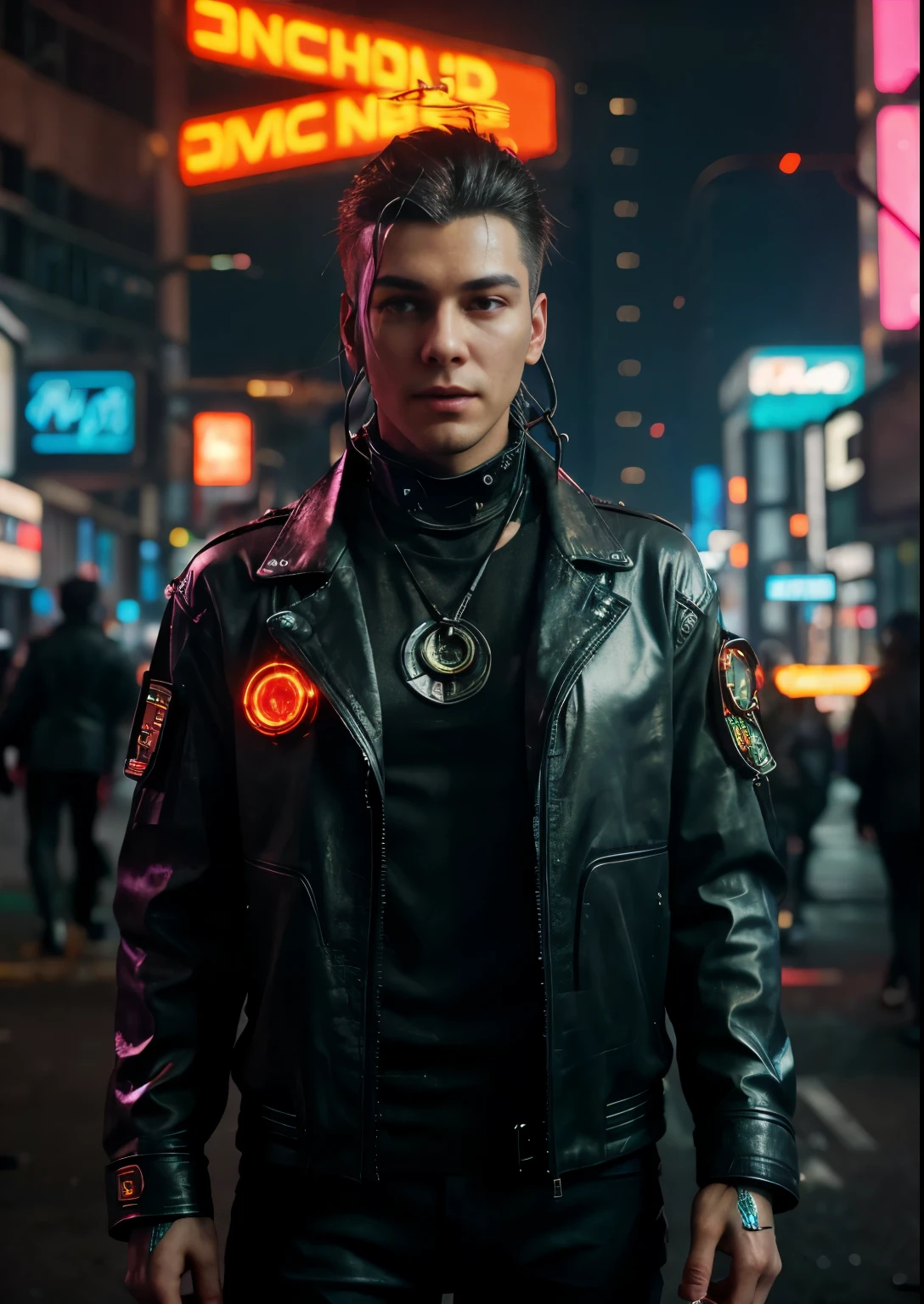 People with cyberpunk-style mechanized body parts stand out. His transparent skin reveals circuits and cables, His eyes glow with colorful LEDs. The limbs are a mixture of flesh and metal, Featuring advanced prosthetic and cybernetic interfaces. wearing the black leather jacket, The character is set in a dystopian urban setting，Surrounded by decaying skyscrapers. The image represents the fusion of humans and machines in a cyberpunk future world  