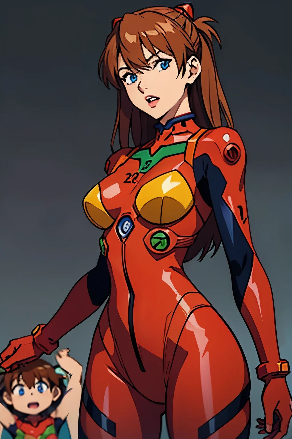 souryuu asuka langley, bodysuit, brown hair, rebuild of evangelion,2girls, large breasts, red bodysuit, plugsuit, simple background, solo, neon genesis evangelion, lips, highres, evangelion: 3.0+1.0 thrice upon a time, looking at viewer, artist request, blue eyes, open mouth, curvy, interface headset,