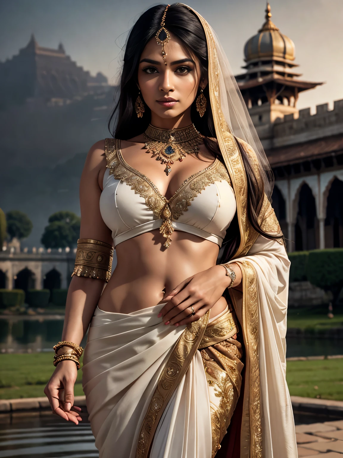 Portrait, a beautiful indian queen, classic, ultra detailed body, ultra detailed face, long pony hair, walking on path, palace lake, white saree, medieval city buildings, medieval times, perfect anatomy, sexy, charming, majestic, tattooed hands, ultra quality, body parts, ambient lighting, ultra detailed 17th century city background, dark cloudy sky, volumetric fog, 8k