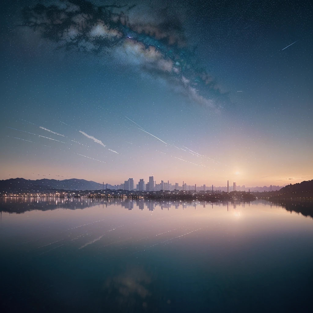 High-quality masterpieces, landscapes, cityscape, bright starry sky, dawn, sunrise. Shooting star. Romantic liner, pixiv, concept art, lofi art style, reflection. Makoto Shinkai, rophy art, beautiful anime scenes, anime scenery, detailed scenery — width 672, Makoto Shinkai's style, Makoto Shinkai's style, enhanced details.