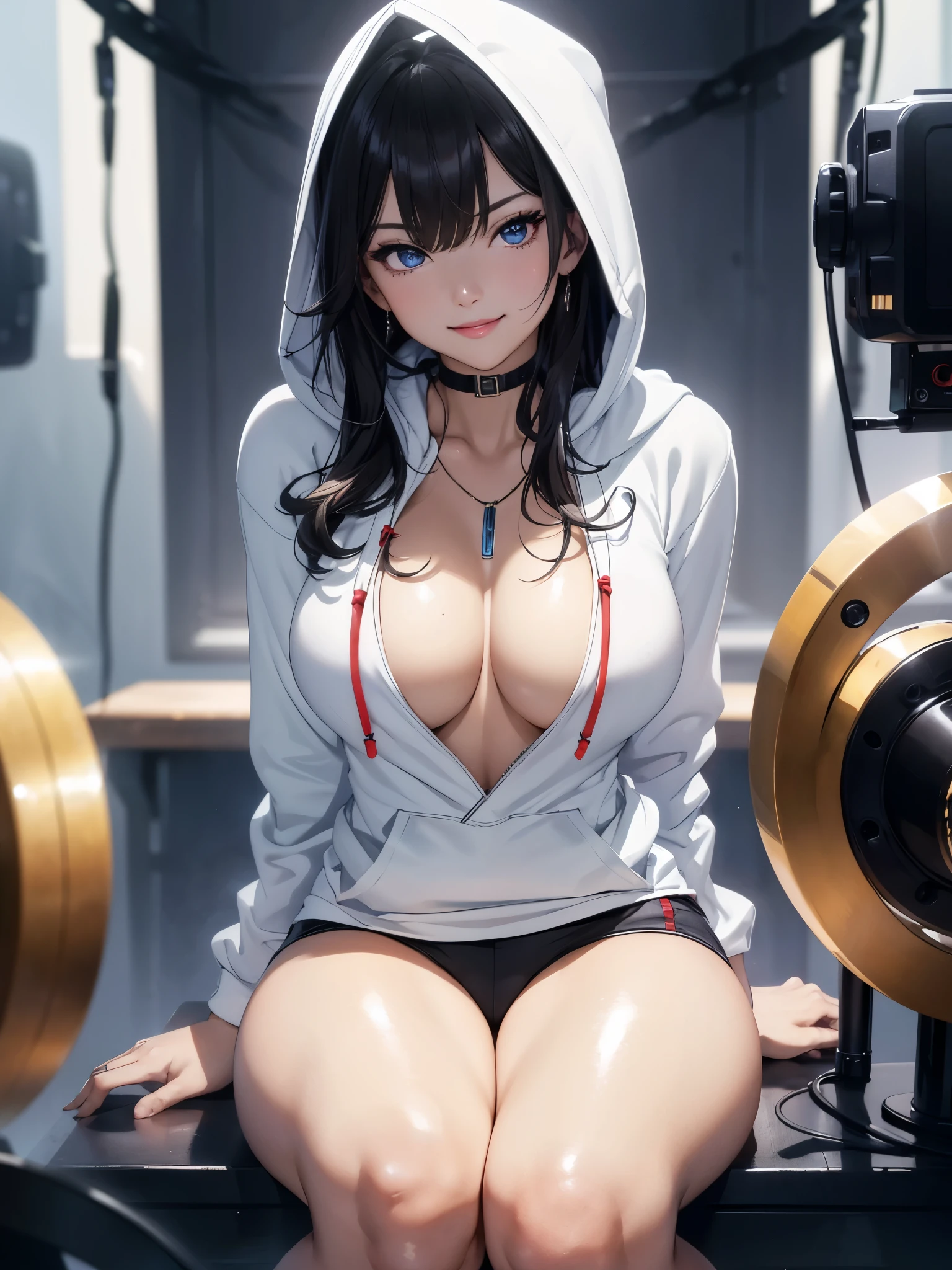 (muste piece: 1.3), (maximum resolution: 1.2), (ultra high definition tv: 1.2), cinema light, ultra high definition tv, (detailed eyes and skin), (detailed facial features), ticker, 8K resolution, perfect style, pretty face, correct, anatomically correct, Highly detailed face and skin texture, detailed eyes, double eyelids, thin eyebrows, glitter eyeliner: 1.2, natural cheeks, shiny skin, Glossy fair skin: 1.2, shiny little necklace and 璫, (glossy lips: 1.4), very close relationship, (big breasts), (upturned chest), Highly detailed face and skin texture, detailed eyes, double eyelids, natural cheeks, eyes are blue, shiny little necklace and 璫, glossy lips: 1.4, open knees、open your legs、dynamic angle, blue eyes、wavy hair, brown hair, bangs flowing diagonally, medium long hair, 1 girl, black skin, short hair, (floating hair), red eyes, choker, evil smile, Jewelry is, Looking at viewer, evil smile, white skin, Shiny body, shiny skin, light, spark, 綺麗なwhite skin, (professional lighting), masterpiece, best quality, ((((オーバーサイズblack hoodie)))), (((crazy smile))), (Sitting in a classroom), black hoodie, evil grin,