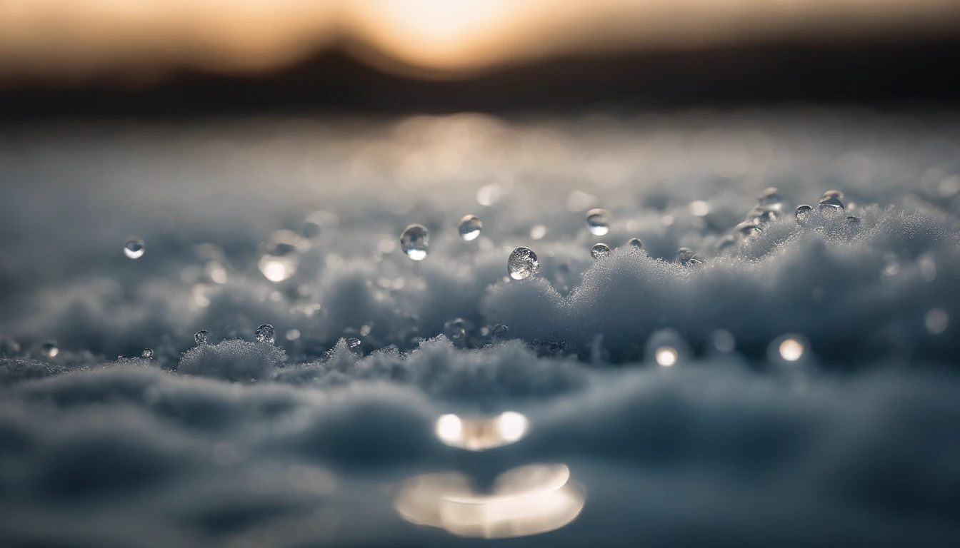 a detailed macro shot of a section of a cumulus nimbus cloud, zooming in on the individual water droplets or ice crystals within, showcasing their delicate and intricate nature