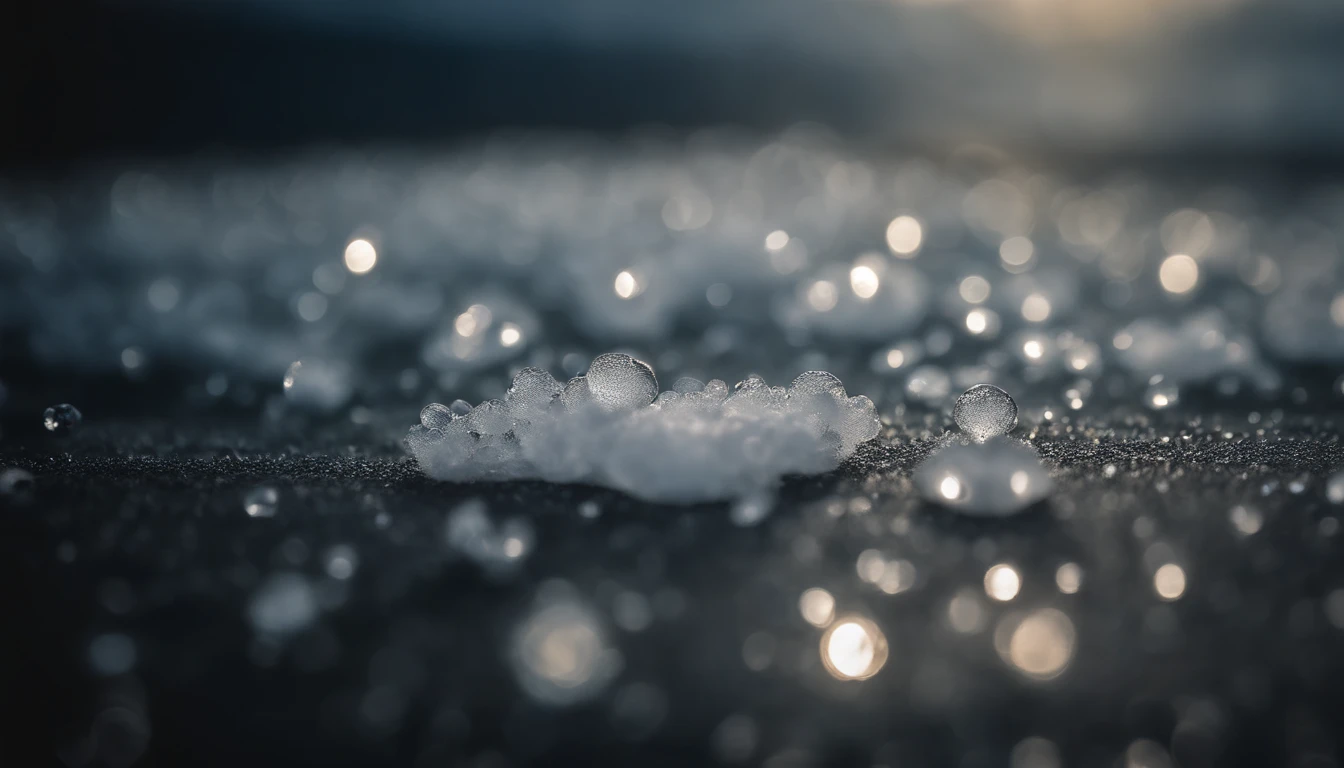a detailed macro shot of a section of a cumulus nimbus cloud, zooming in on the individual water droplets or ice crystals within, showcasing their delicate and intricate nature
