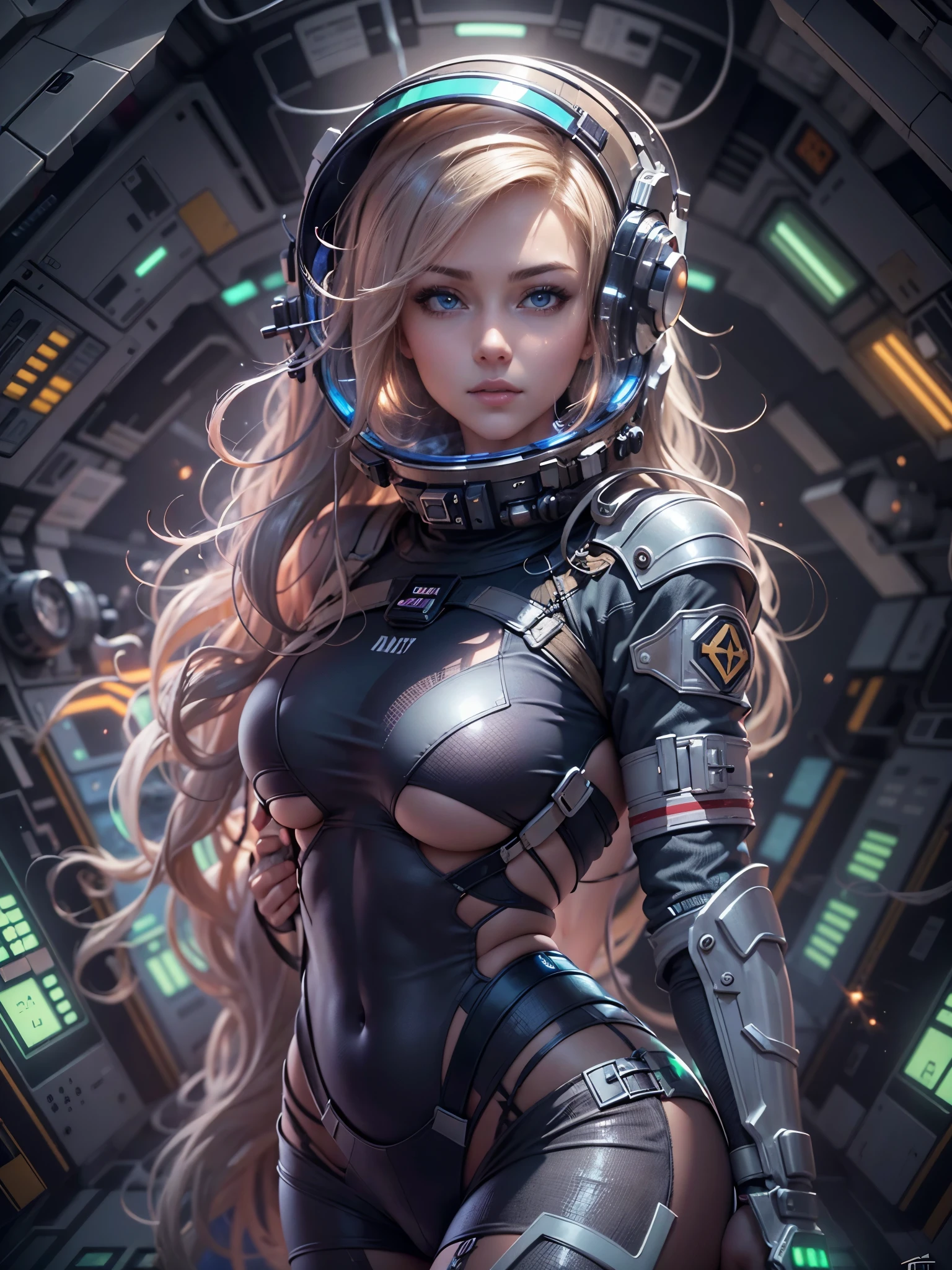 Masterpiece, art, young beautiful woman, flawless skin, smooth skin, very large firm breasts, perfect proportions, space cadet, in destroyed space station, dark, gloomy, bikini outfit, in the future, anime, sexy, erotic, UHD resolution, realistic detail, realistic reflections, realistic shadows, 3D, 