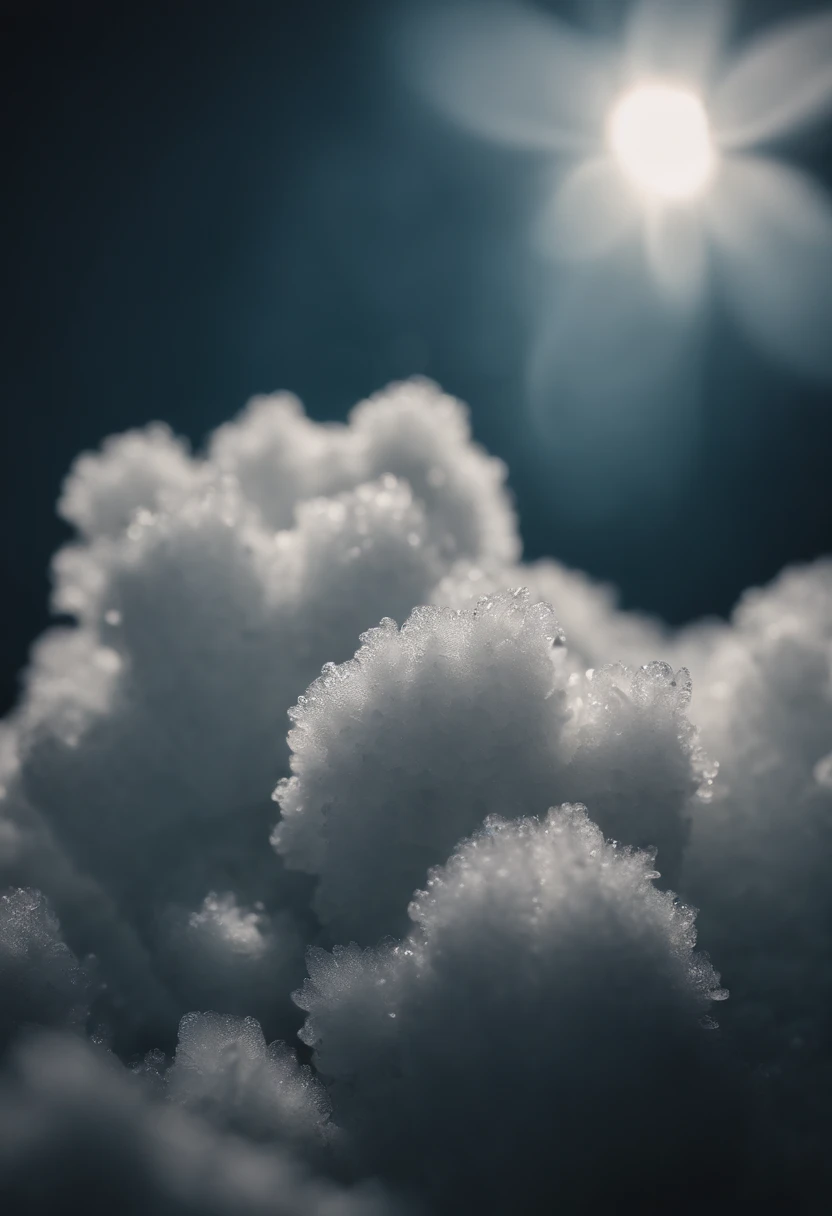 a detailed macro shot of a section of a cumulus nimbus cloud, zooming in on the individual water droplets or ice crystals within, showcasing their delicate and intricate nature
