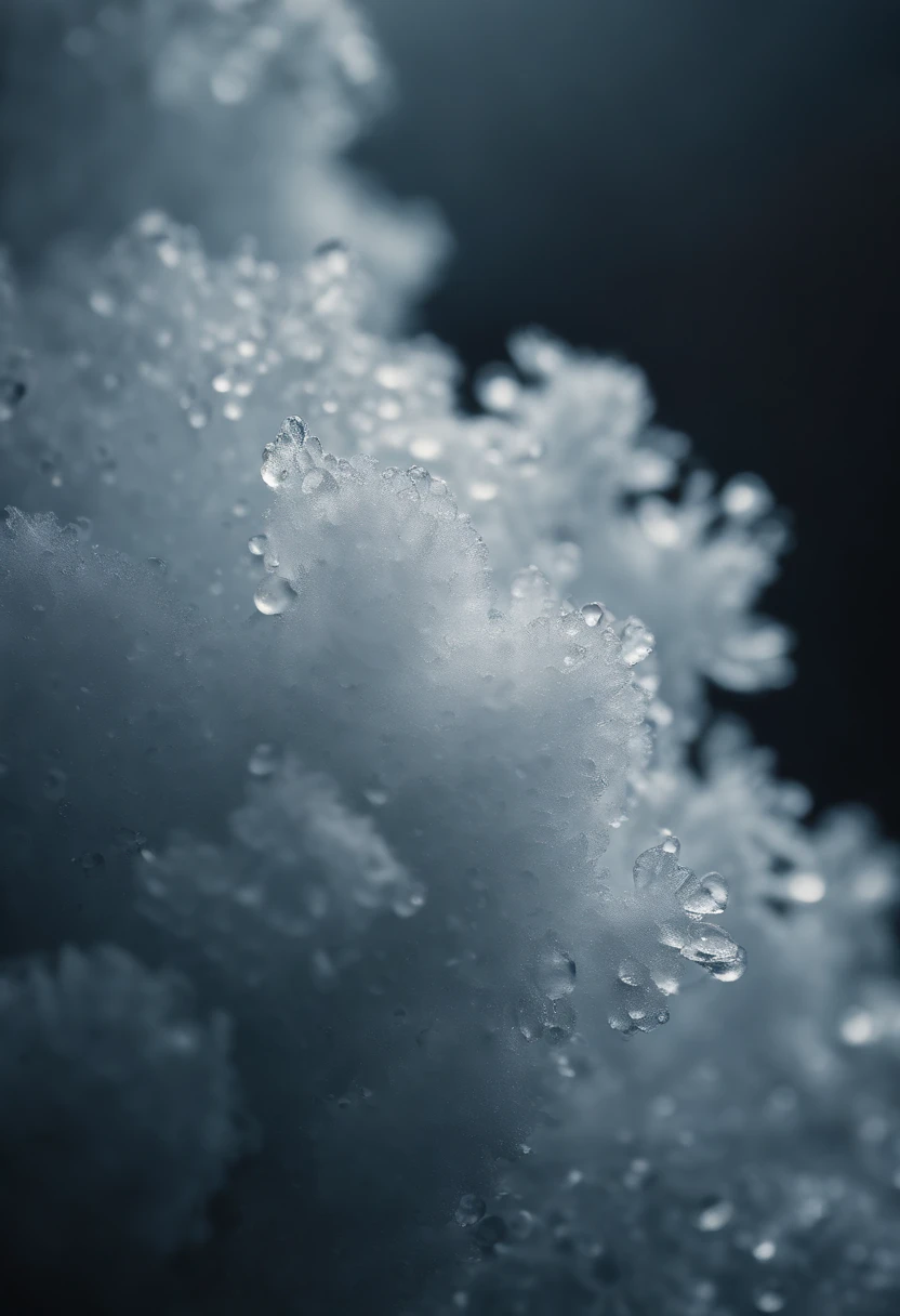 a detailed macro shot of a section of a cumulus nimbus cloud, zooming in on the individual water droplets or ice crystals within, showcasing their delicate and intricate nature
