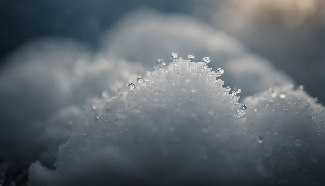 a detailed macro shot of a section of a cumulus nimbus cloud, zooming in on the individual water droplets or ice crystals within, showcasing their delicate and intricate nature