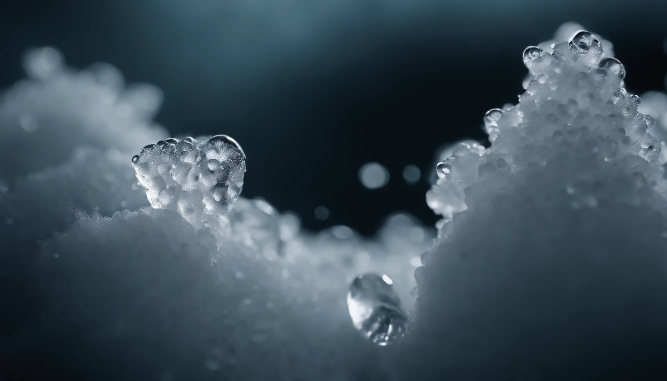 a detailed macro shot of a section of a cumulus nimbus cloud, zooming in on the individual water droplets or ice crystals within, showcasing their delicate and intricate nature