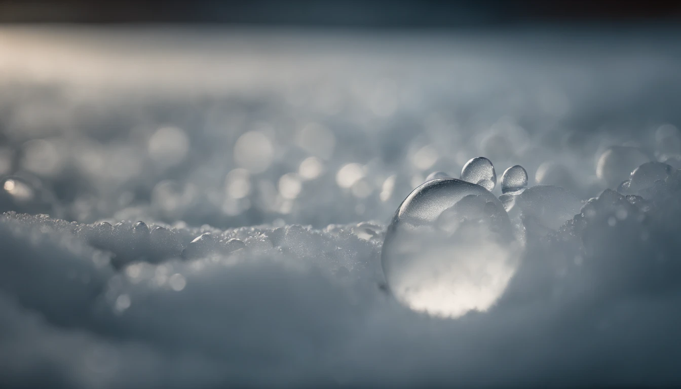 a detailed macro shot of a section of a cumulus nimbus cloud, zooming in on the individual water droplets or ice crystals within, showcasing their delicate and intricate nature