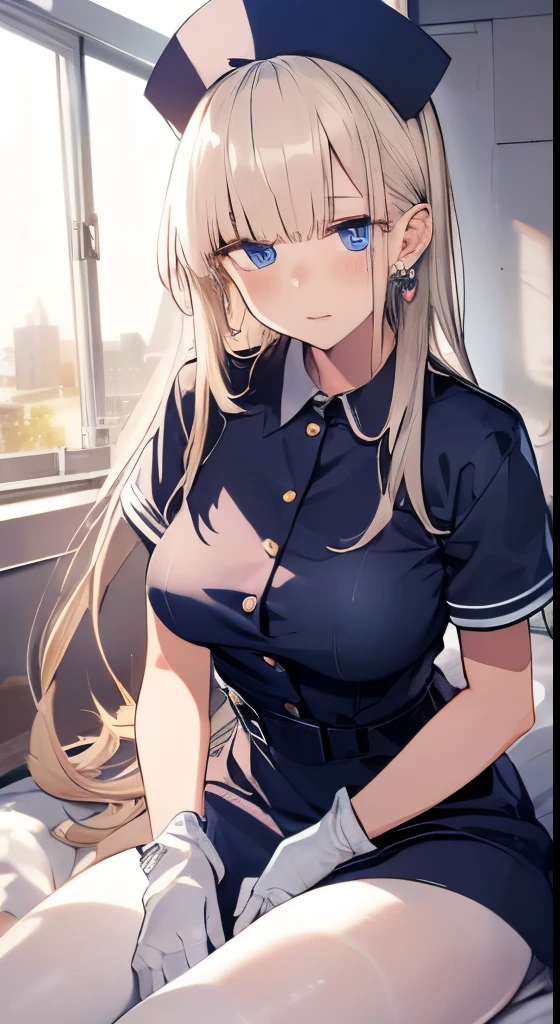 1 girl, (alone:1.2), (Beautiful and detailed eye description), (beautiful and detailed face), perfect female body, handsome figure, thin waist, (young girl), (20-year-old), long hair, platinum blonde hair, very big eyes, blue eyes, medium chest, blush, shy, watery lips, nurse, (nurse dress), nurse Cap, unbuttoned, (white gloves:1.2), (white pantyhose), high heels, necklace, earrings, indoors, school nurse, Hospital bed, window, White curtains, sunlight, squat, (highest quality), (super detailed), (muste piece), (High resolution), (original), (Highly detailed CG Unity 8K wallpaper), Character Design, game CG, Detailed Manga Illustration