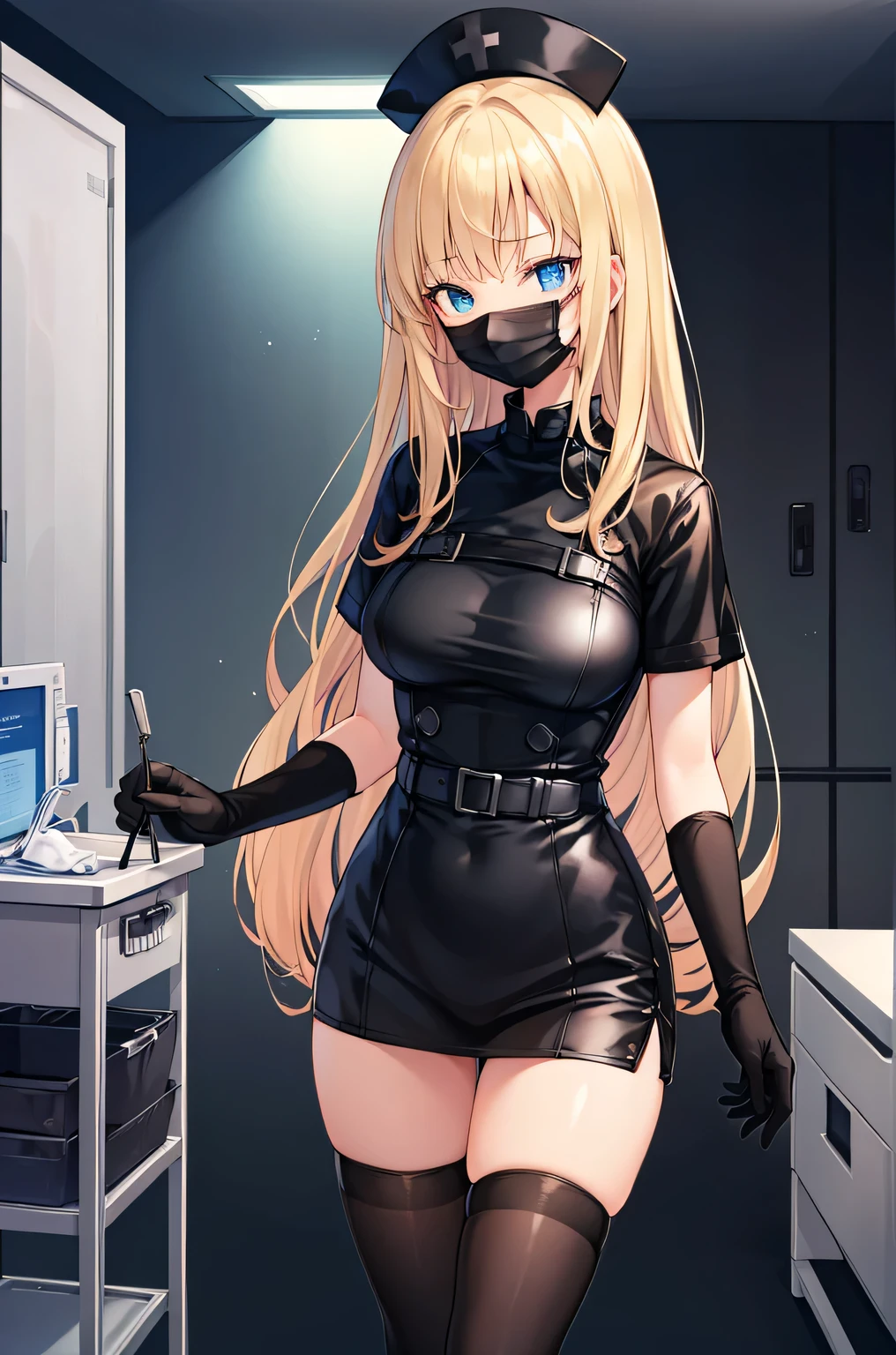 black nurse, 1woman, solo, black nurse cap, black wear, ((black legwear, zettai ryouiki)), black elbow gloves, blonde hair, blue eyes, ((black surgical mask, covered nose)), standing, ((surgery room)), sharp outline, short sleeves, mature female, 35 years old, best quality, masterpiece