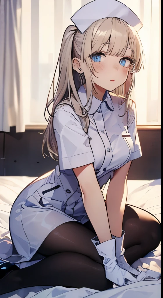 (Light gray suit).Career Woman.Bending over.Sexy Pose.Hotel.bed.Her hands are feminine slender.the shadow is colorless