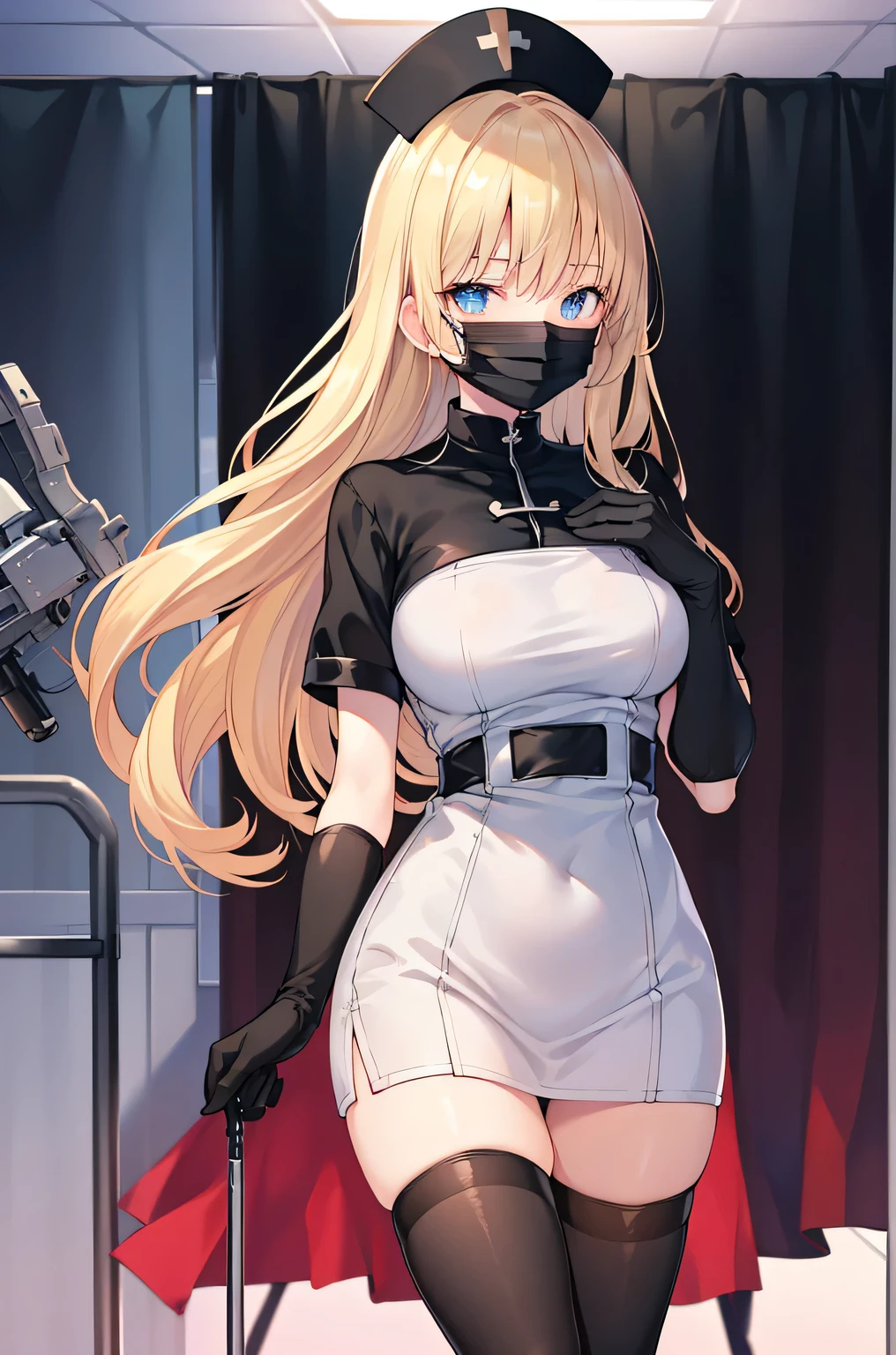 black nurse, 1woman, solo, black nurse cap, black wear, ((black legwear, zettai ryouiki)), black elbow gloves, blonde hair, blue eyes, ((black surgical mask, covered nose)), standing, ((surgery room)), sharp outline, short sleeves, mature female, 35 years old, best quality, masterpiece