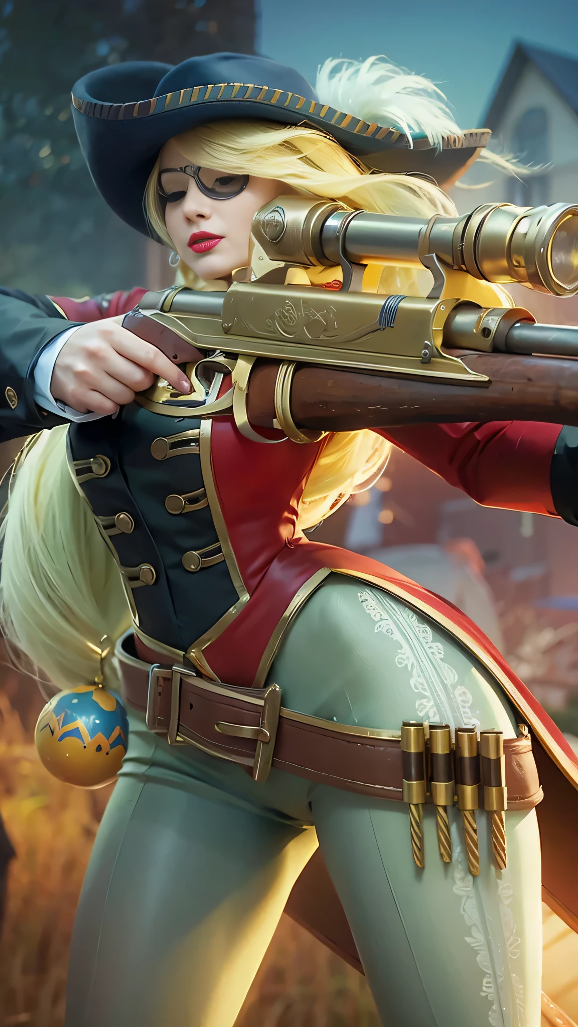 masterpiece, 8k, very detailed, close up of a woman holding a rifle in the field, red lipstick