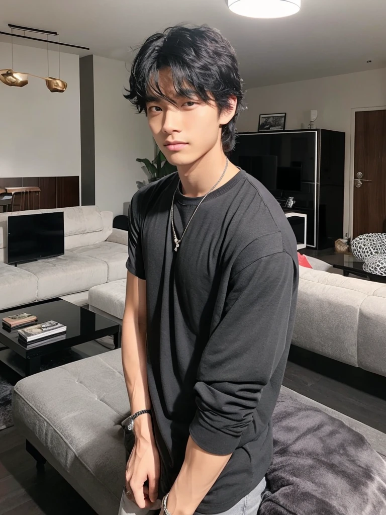 A guy taking a selfie from downards as if not meaning to take a photo. The guy being an asian teenager and having black fluffy hair, brown eyes and some muscles which you can kinda see through his black shirt what is oversized. In the picture there is nothing more shown than the upper body of the guy and the background is just a normal living room with grey, white and black furniture but nothing much of that is shown since the guy is in the foreground and it not being too elegant or much just normal furniture