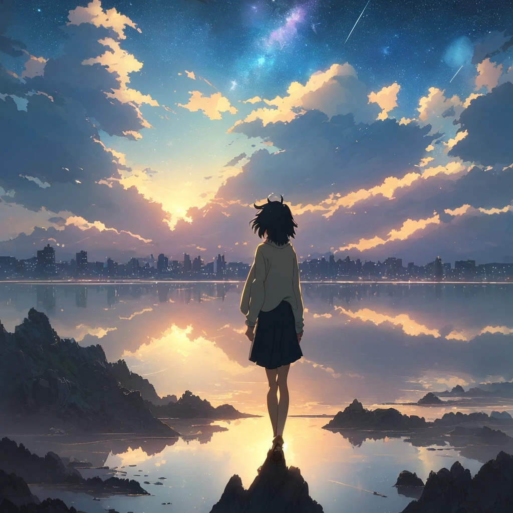 High-quality masterpieces, landscapes, cityscape, bright starry sky, dawn, sunrise. Shooting star. Romantic liner, pixiv, concept art, lofi art style, reflection. Makoto Shinkai, rophy art, beautiful anime scenes, anime scenery, detailed scenery — width 672, Makoto Shinkai's style, Makoto Shinkai's style, enhanced details.