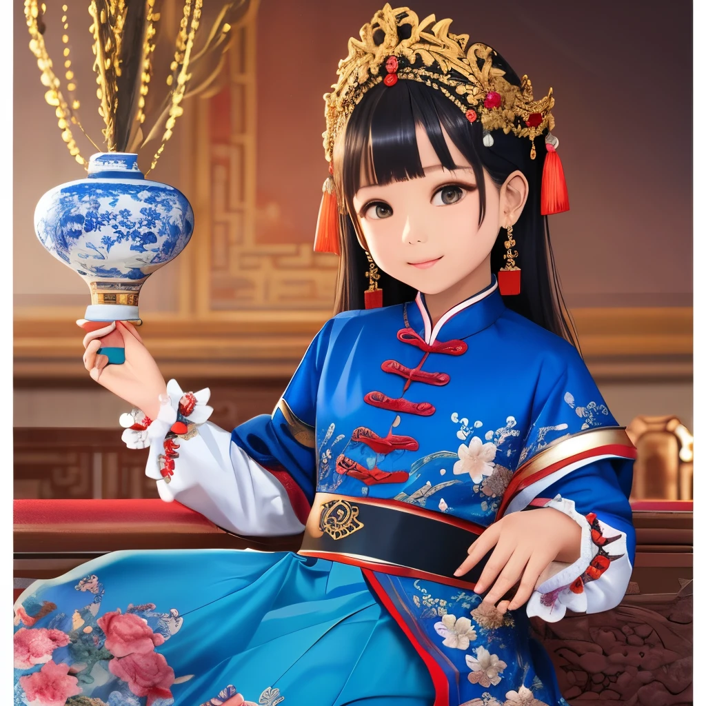 blue and white porcelain style, a 6--old nese girl, smile, Chinese culture theme background, retro style design, elegant pose, gorgeous fabric, high-definition photo, well-designed,Baroque style skirt, cultural hybridity, --auto --s2