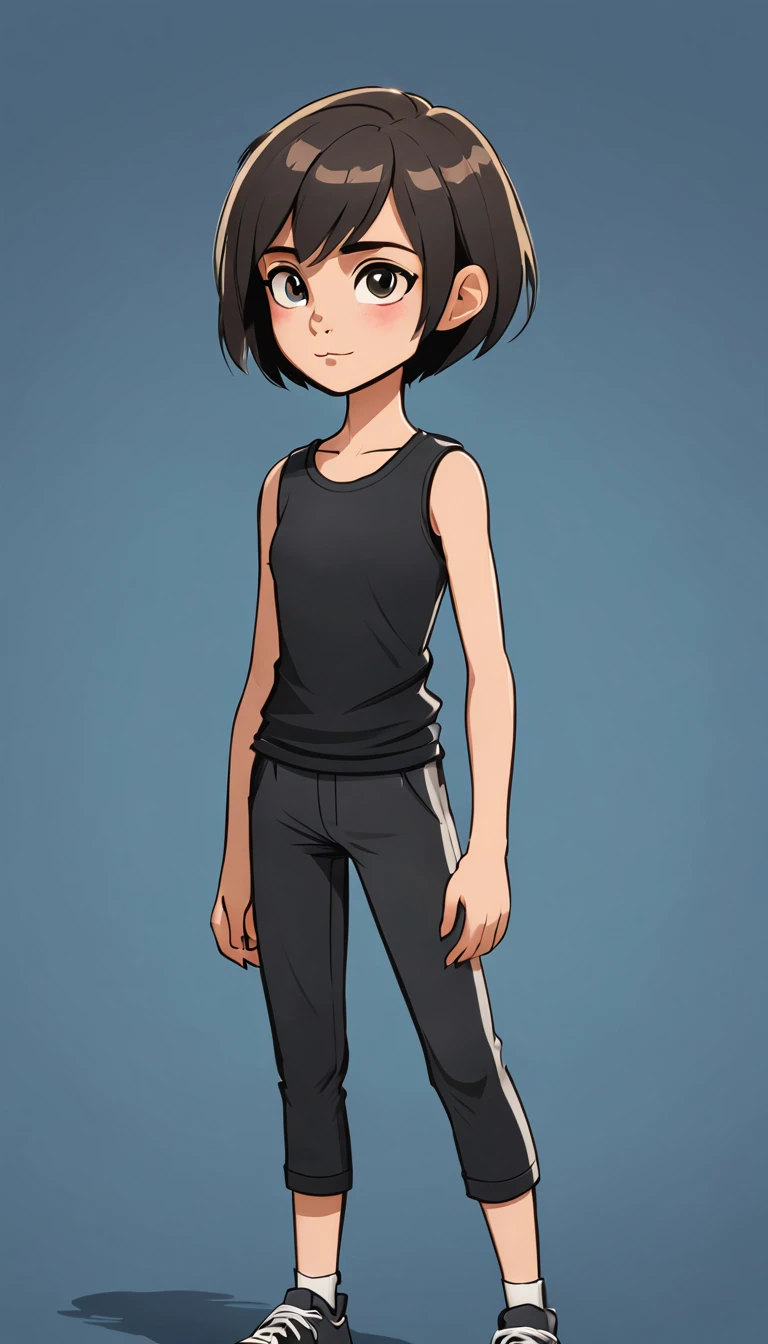 10 year old 2d female character with semi short hair, black sleeveless t-shirt and lycra pants 