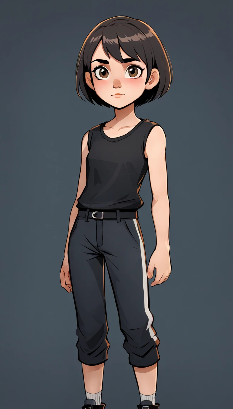 2d female character with semi short hair, black sleeveless t-shirt and lycra pants