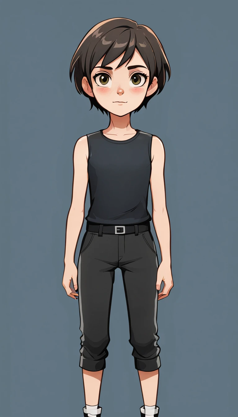 10 year old 2d female character with semi short hair, black sleeveless t-shirt and lycra pants 