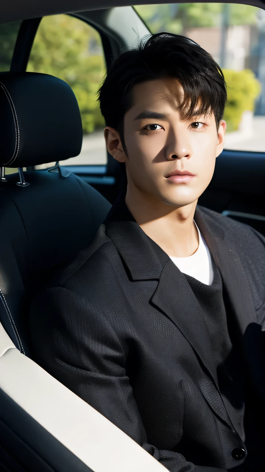 in a car，wearing black coat，two block haircut, Attractive man，Live-action photo，Handsome and sunny，（SLR effect，真实感，8K，Hyper-detailing，Absolute realism）