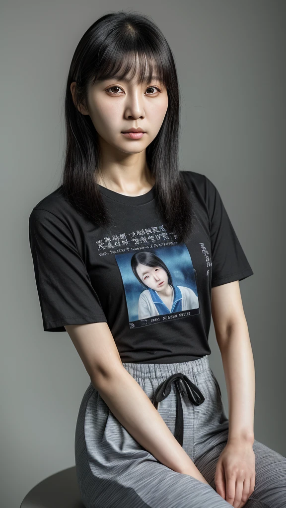 there is a young woman that is looking at a camera, this person does not exist, 19 years old, cute features, long straight black hair, nerdy, a tshirt with pajama pants, wenfei ye-jisu choe-zhelong xu-pengzhen zhang-qifeng lin-chiho-chengyou liu-mei ling zhou-louise zhang-ayamin kojima-kiyoko suzuki-leslie zhang-xiaolong wang merged, entire body visible, full body, hyperrealistic, best quality, 8K, real human skin, masterpiece, extremely intricate, medium closeup, detailed eyes, detailed face, detailed body, exaggerated features, pronounced features
