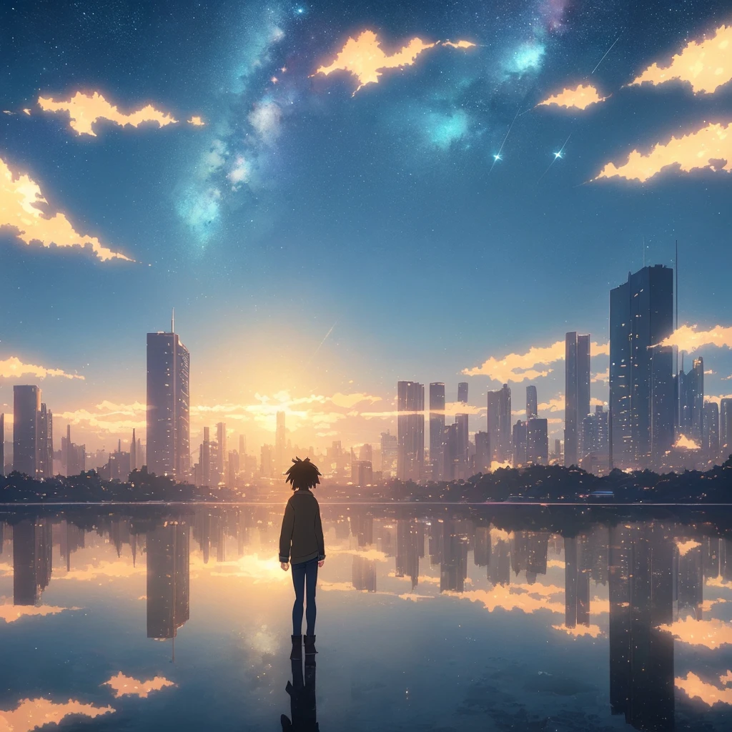 High-quality masterpieces, landscapes, cityscape, bright starry sky, dawn, sunrise. Shooting star. Romantic liner, pixiv, concept art, lofi art style, reflection. Makoto Shinkai, rophy art, beautiful anime scenes, anime scenery, detailed scenery — width 672, Makoto Shinkai's style, Makoto Shinkai's style, enhanced details. 