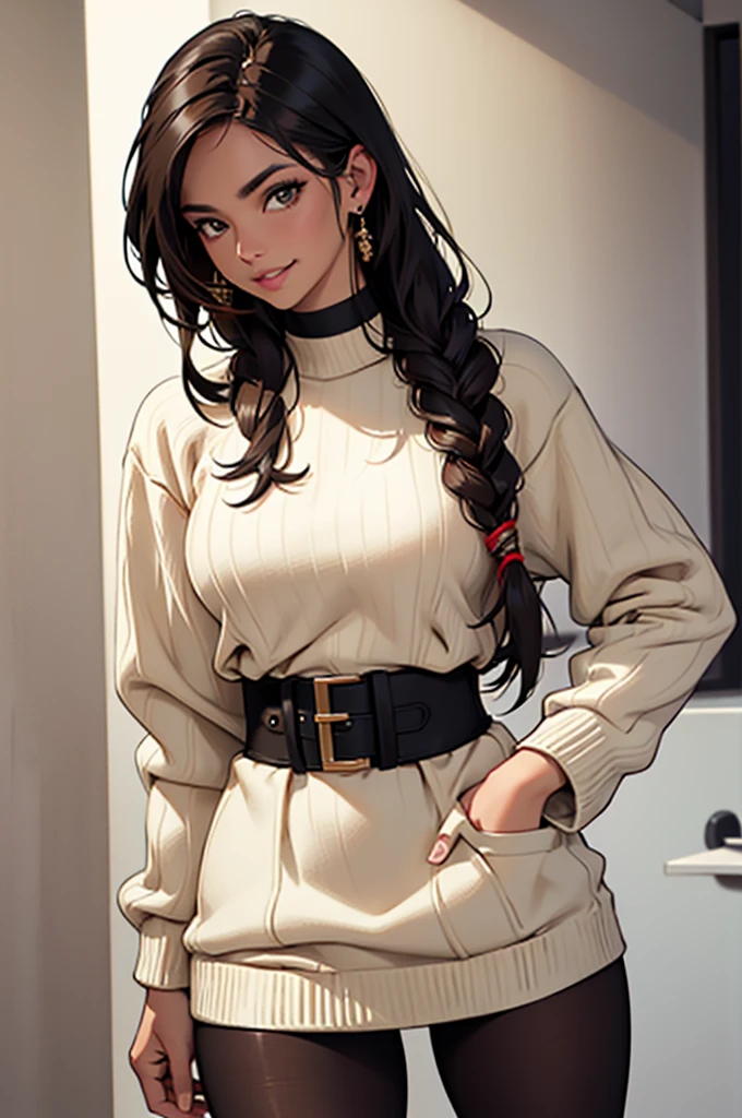 linda mulher morena, cabelos curtos, white knit sweater , brown pantyhose, sala, quarto, beautiful lips, rosto elegante ,cara bonita, Rosto de alto detalhe,pele altamente detalhada, olhando para o espectador, linda pele morena,Standing alone, belas coxas, coxas sexy, coxas grossas, coxas meio um pouco musculosa, tomboy,belo sorriso, lindo rosto detalhado, franja nos olhos, sapato preto