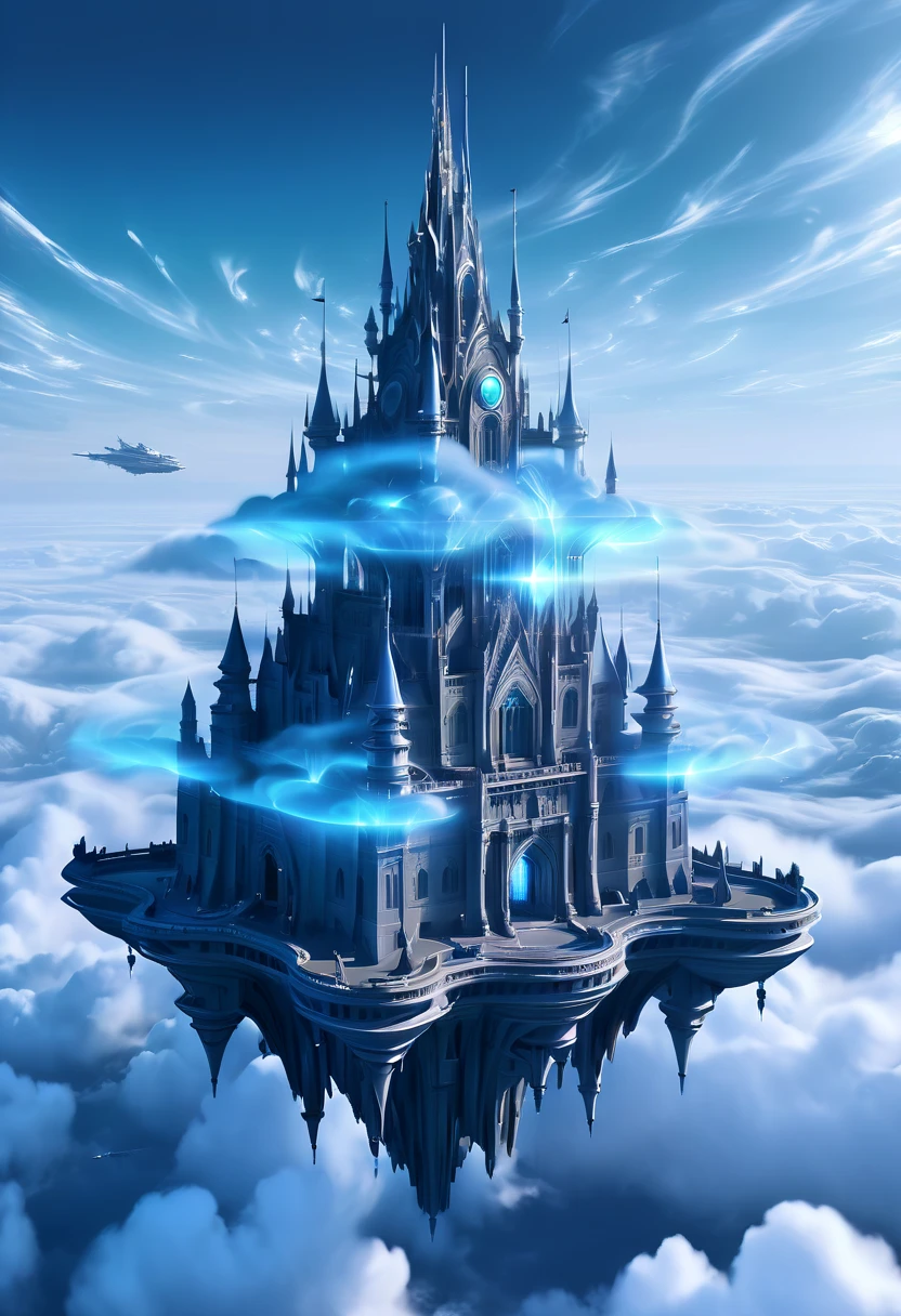 Top angle of view，Look down from above，isometric art，(Translucent ethereal alien warrior:1.5)，Above the clouds，Interstellar voyage，Huge high-tech floating Gothic castle，Above the clouds，Huge mobile Gothic castle，Floating Gothic castle，(Sea of Clouds:1.3)，Futuristic female futuristic floating castle with futuristic futuristic floating castle background, inspired by Marek Okon, Beautiful sci-fi art, Sci-fi digital art illustration, Digital Cyberpunk Art, science fiction digital painting, futuristic digital painting, futuristic concept art, Sci-fi floating castle landscape ahead, science fiction digital art, Advanced digital cyberpunk art, Fantastic cyberpunk girl