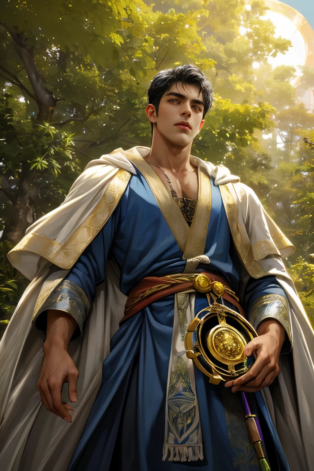 (absurdres, highres, ultra detailed, HDR), masterpiece, best quality, 1boy, dark-skinned Mexican man, short white hair, stubble, handsome face, yellow eyes, prince from snow white, (handsome(from below:1.1)) detailed exterior, detailed character, wearing open flowing multi-colored alchemist's robe, wearing raw sapphire and raw diamond rings, outside in dense cannabis indica tree forest during golden hour atmosphere