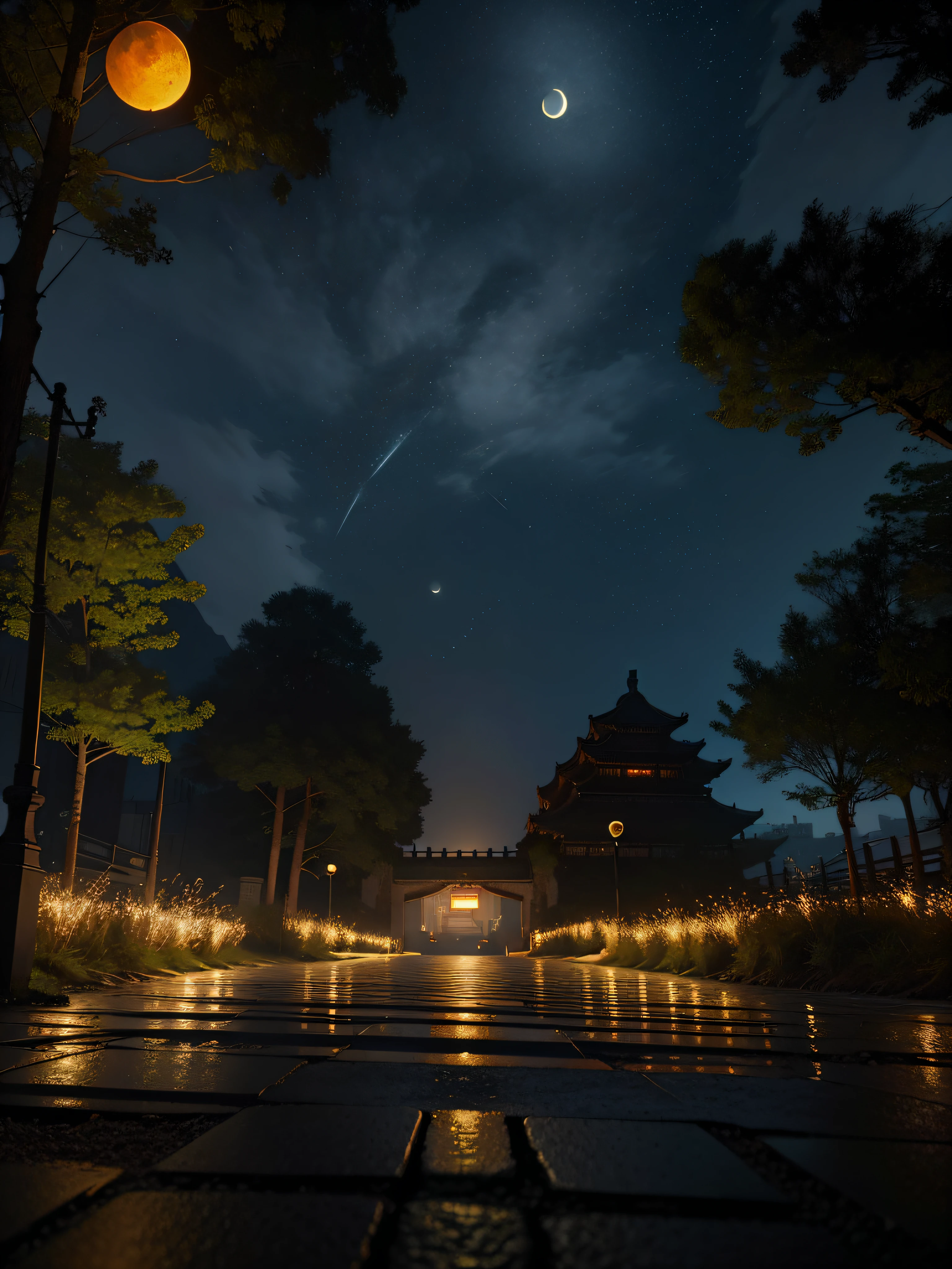 official art, China, street, (Lots of fireflies), (night), (moon), lamp, Beautiful scenery, epic scenery, 逼真的lamp光, masterpiece, high quality, nice graphics, high detail, global illumination, Unreal Engine Rendering, octane rendering, (high dynamic range:1.3)
