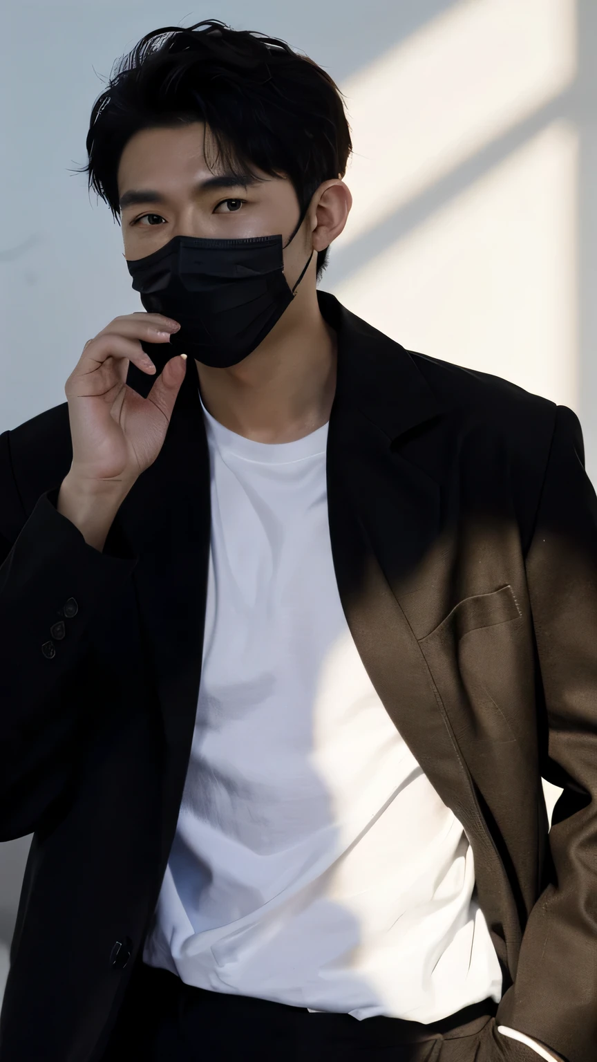 at office，wearing black coat，black face mask, two block haircut, Attractive man，Live-action photo，Handsome and sunny，（SLR effect，真实感，8K，Hyper-detailing，Absolute realism）