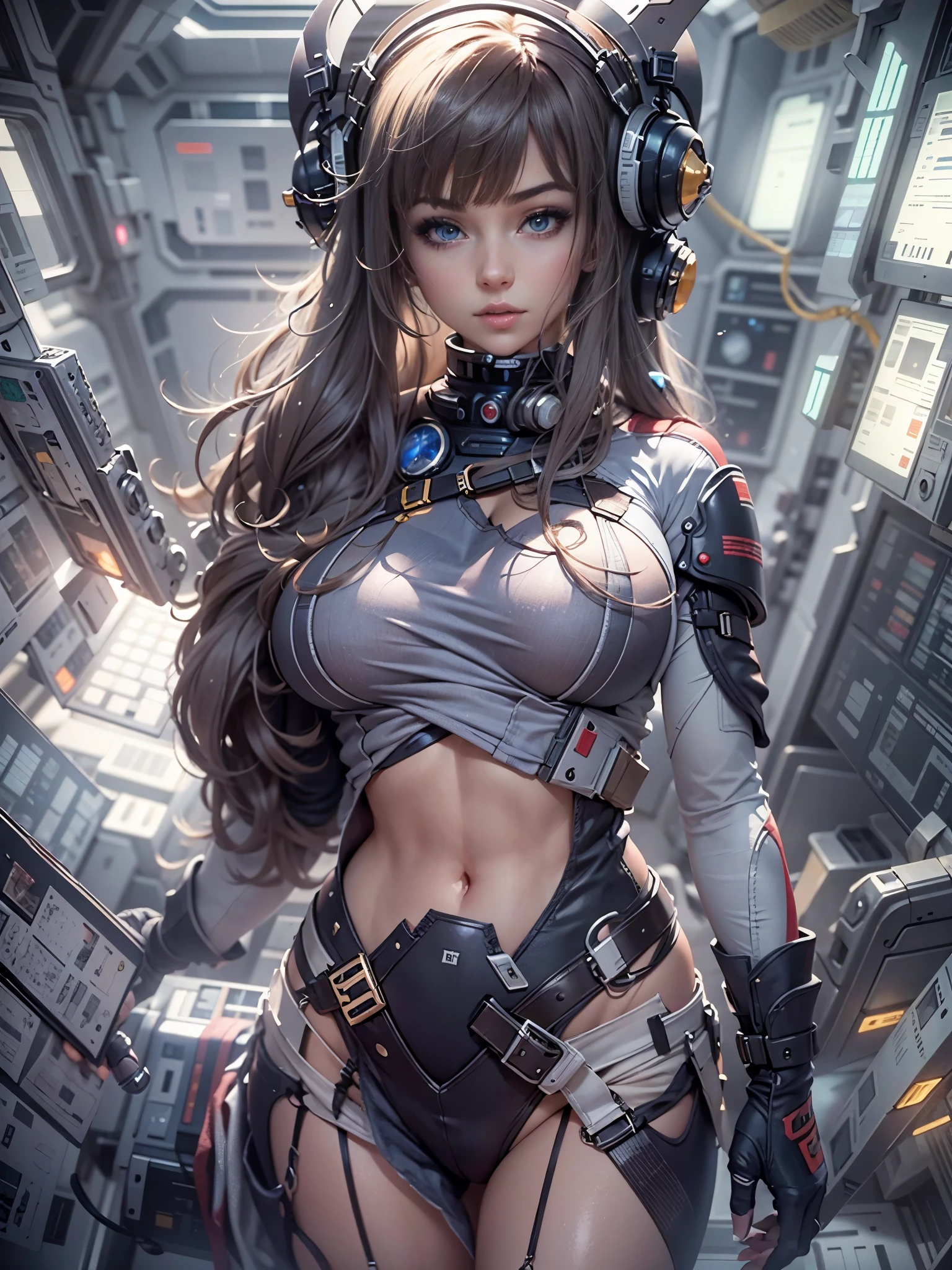 Masterpiece, art, young beautiful woman, flawless skin, smooth skin, very large firm breasts, perfect proportions, space cadet, in destroyed space station without light, dark, gloomy, bikini outfit, in the future, anime, sexy, erotic, UHD resolution, realistic detail, realistic reflections, realistic shadows, 3D,