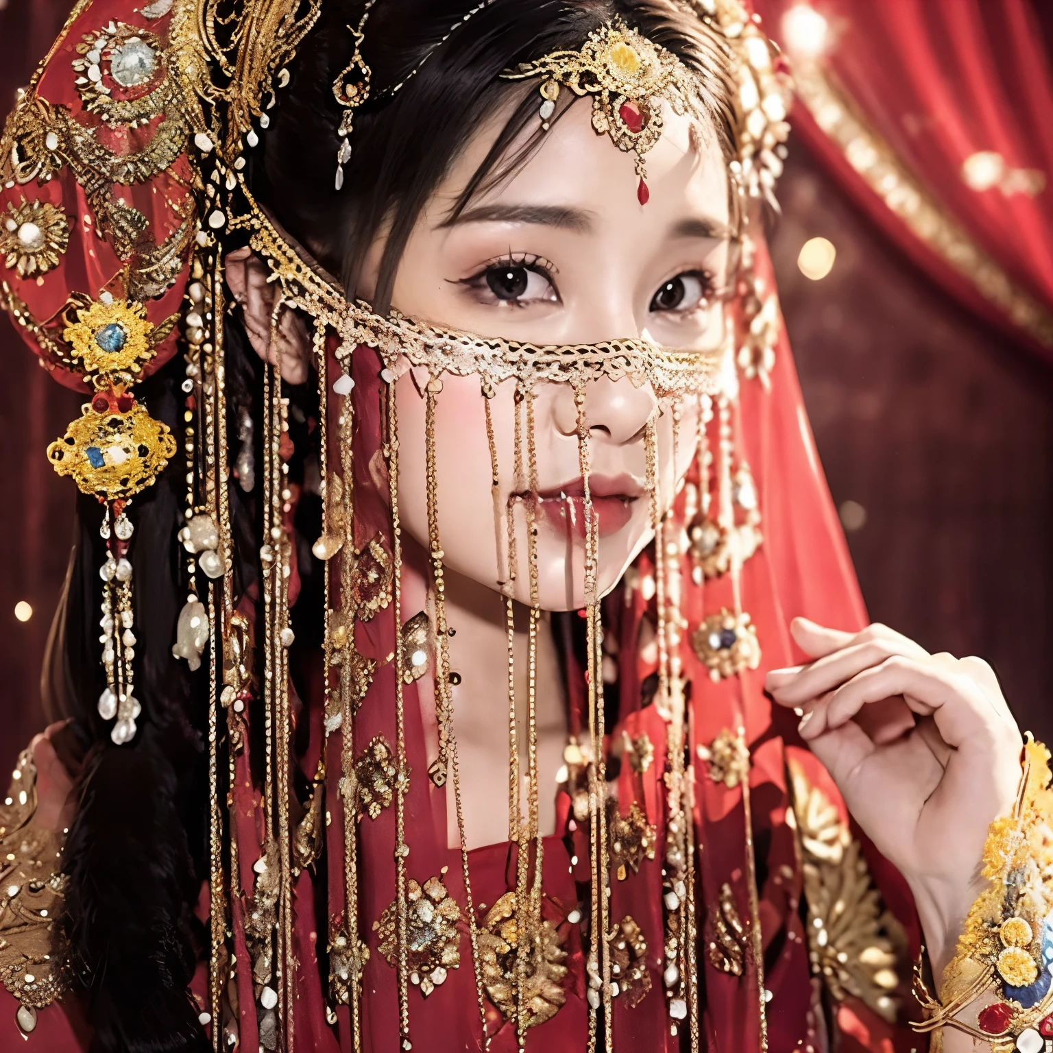 （（（Eyes are very delicate）））（（（hair accessories）））（（（veil（24））））（（（veil））），necklace，Wearing a red transparent sexy silk dress， ((skin glowing))The room is filled with Chinese New Year decorations（（（masterpiece）））， （（best quality））， （（intricate details））， （（Surreal））（8K）