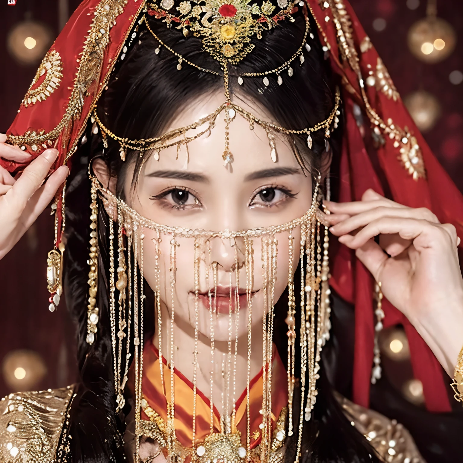 （（（Eyes are very delicate）））（（（hair accessories）））（（（veil（24））））（（（veil））），necklace，Wearing a red transparent sexy silk dress， ((skin glowing))The room is filled with Chinese New Year decorations（（（masterpiece）））， （（best quality））， （（intricate details））， （（Surreal））（8K）