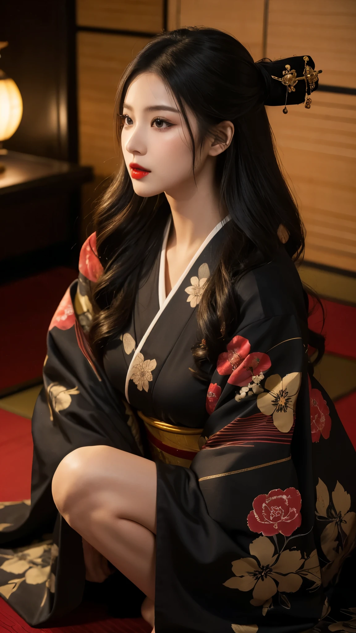 (Top image quality、8k、masuter piece:1.3))、(Realistic:1.2)、(1girl in)、20yr old、huge tit、darkened room、(night:1.2)、Are sleeping、(Deities々Bright luxury kimono:1.2)、(all-fours:1.2)、Straight black hair、long kimono、(Oiran:1.3)、Delicat eyes、二重まぶた、(Very dark eyeliner)、red-lips、Soft breasts、delicated face