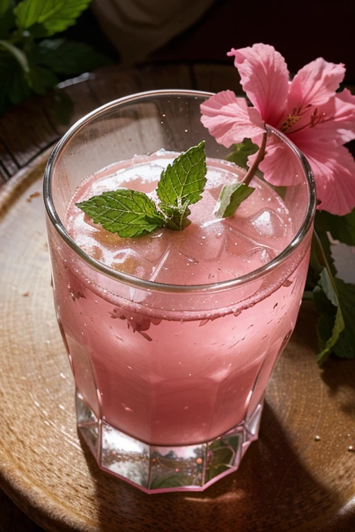 "Imagine a transparent glass filled with a pinkish liquid, adorned with mint leaves on the rim, resting on a table decorated with hibiscus flowers, pineapples, and vibrant mint leaves. The juice presents a rosy hue, reflecting light on small pineapple pieces. The scent of hibiscus fills the air. The beauty of the flowers combined with the freshness of the fruits conveys a refreshing and aromatic atmosphere."Photo quality: ultra realistic, 8k quality, fullhd