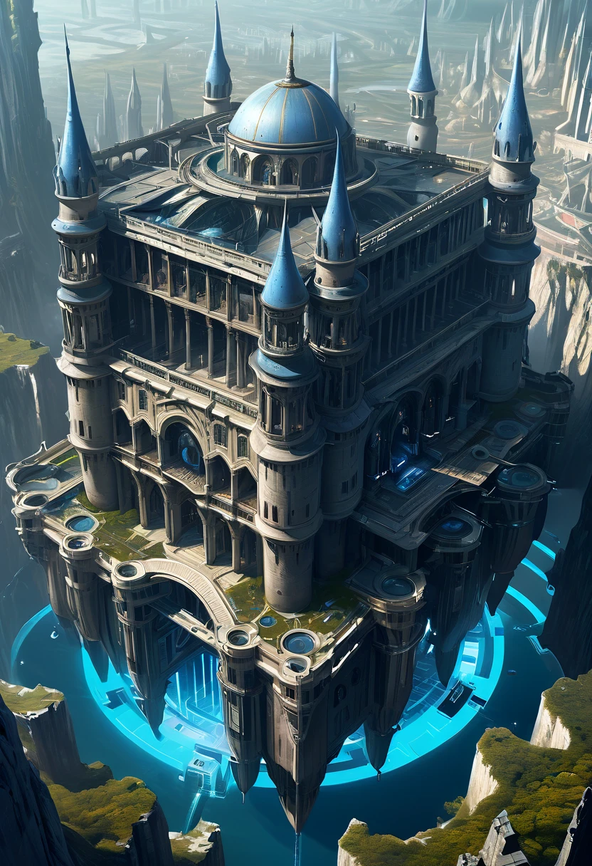 Top angle of view,Look down from above,isometric art,Huge high-tech floating medieval ancient palace,Futuristic alien warrior futuristic floating medieval ancient palace and futuristic futuristic floating medieval ancient palace background, Inspired by Marek Ocon, Beautiful sci-fi art, science fiction digital art插画, Digital Cyberpunk Art, science fiction digital painting, futuristic digital painting, futuristic concept art, Sci-fi floating medieval palace landscape ahead, science fiction digital art, 先进的Digital Cyberpunk Art, Amazing cyberpunk alien warriors