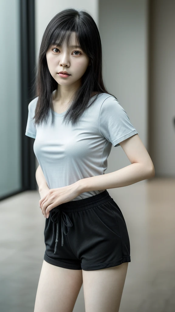 there is a young woman that is looking at a camera, this person does not exist, 19 years old, cute features, long straight black hair, nerdy, a tshirt with pajama pants, wenfei ye-jisu choe-zhelong xu-pengzhen zhang-qifeng lin-chiho-chengyou liu-mei ling zhou-louise zhang-ayamin kojima-kiyoko suzuki-leslie zhang-xiaolong wang merged, entire body visible, full body, hyperrealistic, best quality, 8K, real human skin, masterpiece, extremely intricate, medium closeup, detailed eyes, detailed face, detailed body, exaggerated features, pronounced features