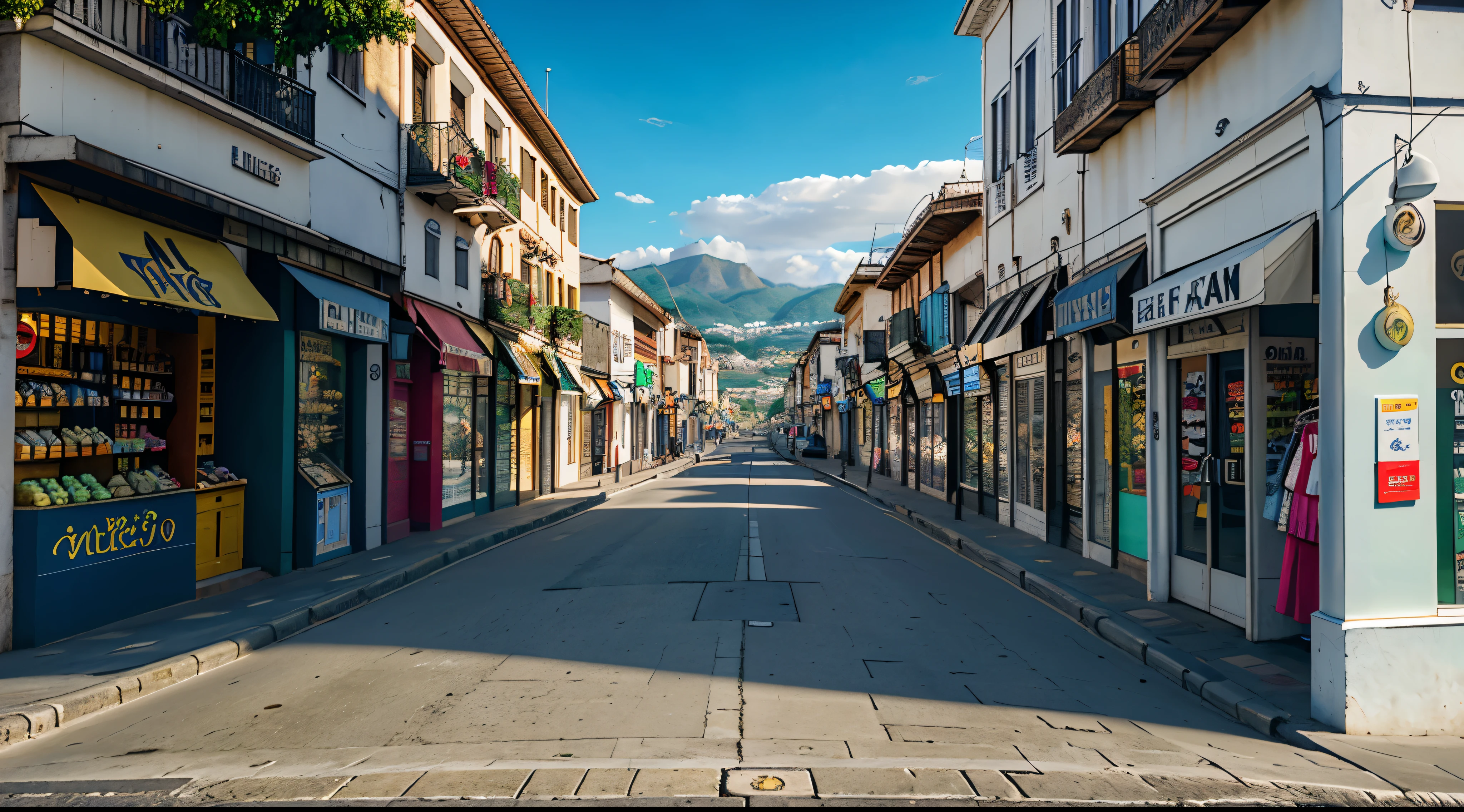 panoramic of a city from the street, tiendas, un puesto de revistas, la calle solitaria, 8k, antecedente de calidad 1.5, ultra realista, ultra detallado, foto realista